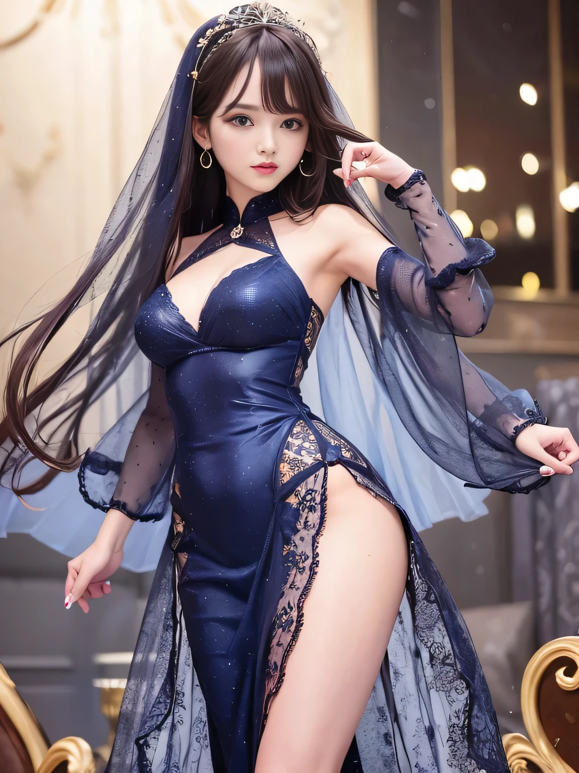 ultra high resolution、super high quality、8k、Detailed details、great expression、1 female、Tall and slender woman、small breasts、long brown curly hair、Blue see-through dress with luxurious hair ornaments、luxury hotel dance party background、