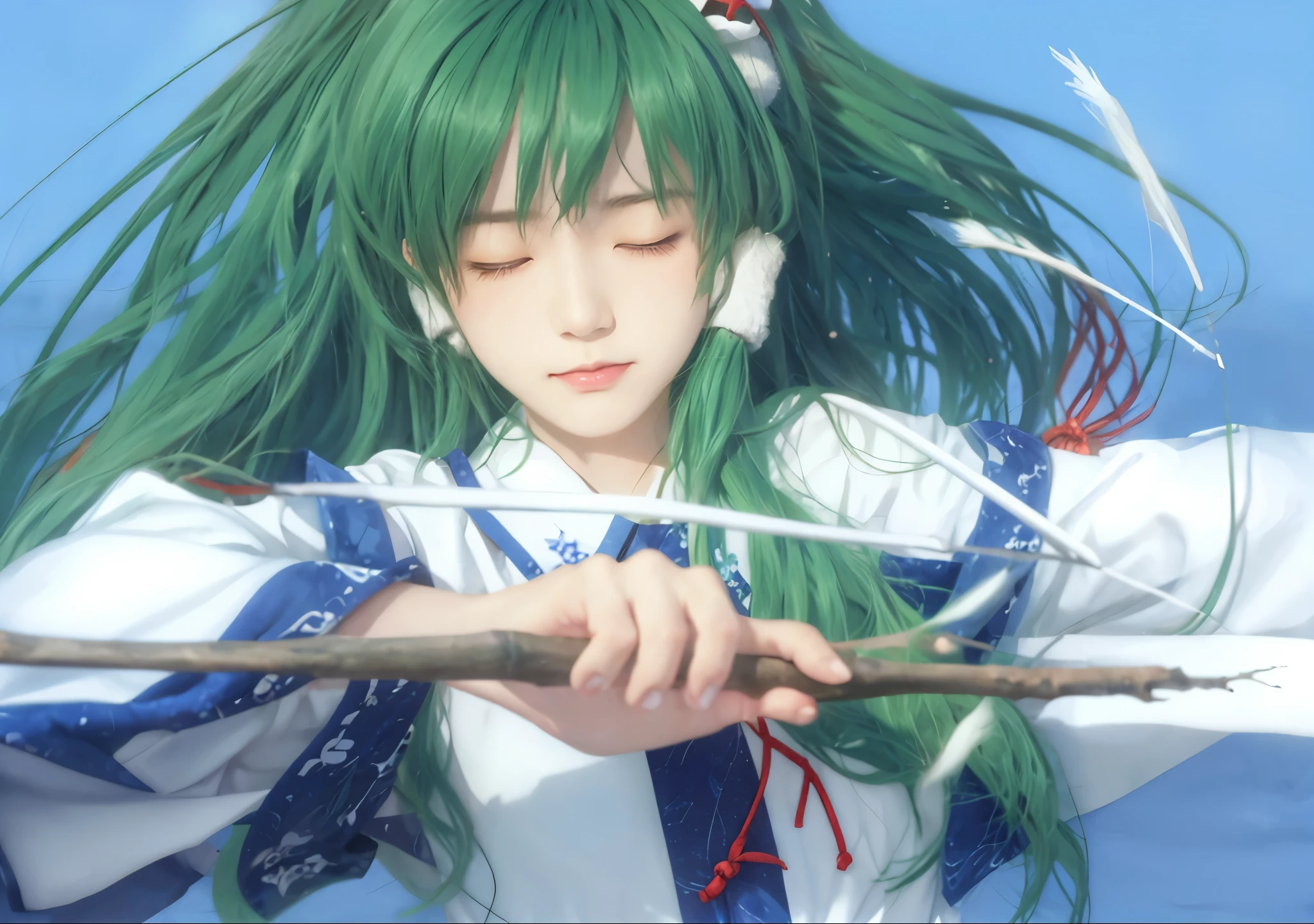 anime girl with green hair holding a stick and closing eyes, sanae kochiya, green hair, miko, white dress japanese traditional clothes, miko clothes, from touhou, touhou, touhou character,  anime girl miko stick, gohei stick, gohei, shinto ritual, photo realistic, portrait, realistic
