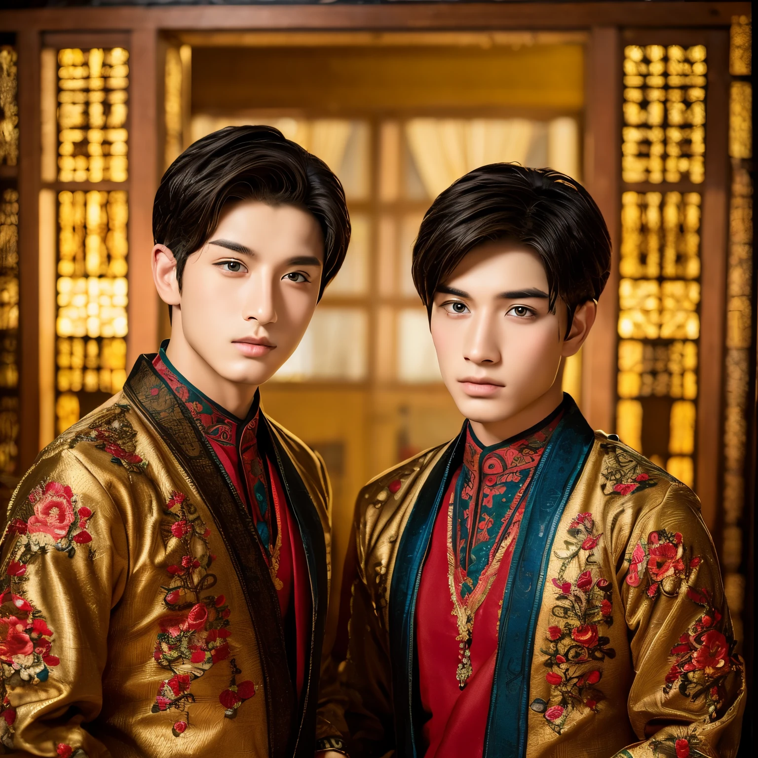 Two young men brown skin exotic religious embroidery