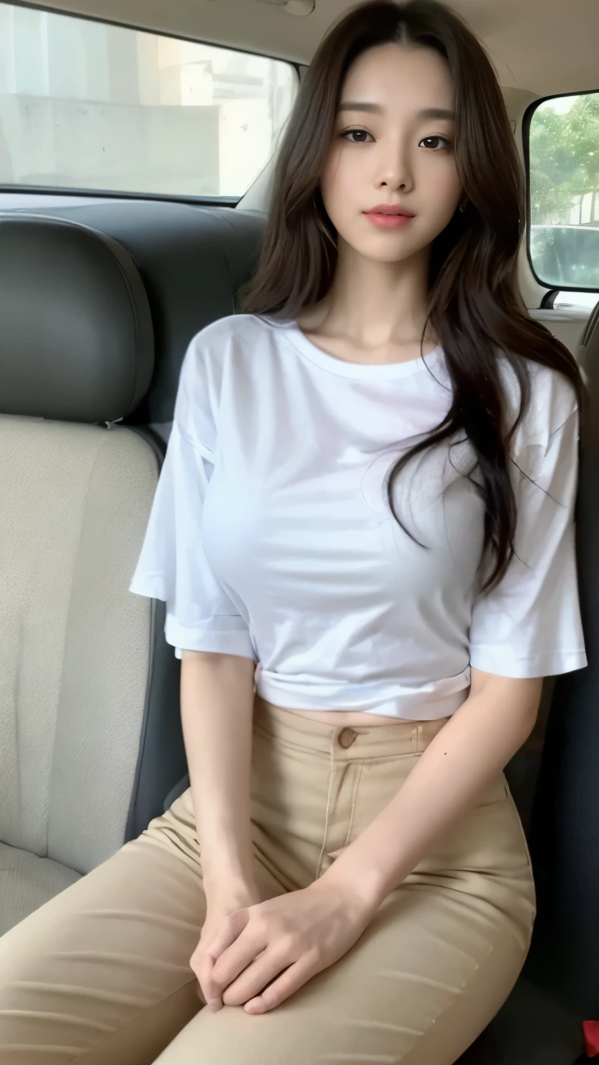((top-quality、8k、​masterpiece:1.3))、Beautiful woman with perfect body:1.4、slim abdomen:1.2、Longhair, normal breast, Highly detailed facial and skin texture, A detailed eye, delicate eyes, double eyelid, (smile), (full body shot), ((in the car 1.1)), (sitting in car), (((wearing white t-shirt n long pants)), looking in front, food