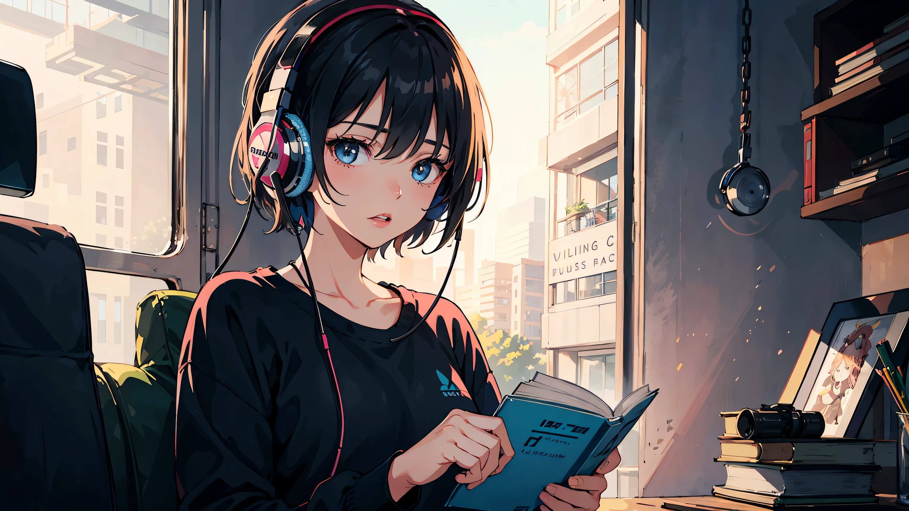 HD Clear, best images, Quality of illustrations, Super be familiar with, Young woman wearing black airplane casual sweatshirt, hold a book in front of her, sleepy eyes, masterpiece , highest quality , be familiar with, she is wearing headphones, listen to music.