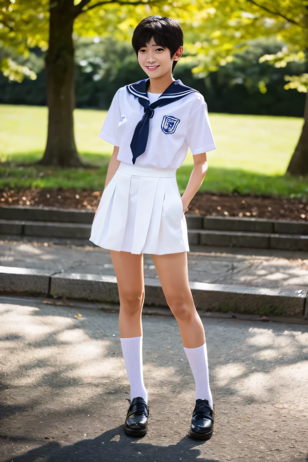 In the best quality、Japanese、******* girl standing outdoors。Perfect Anatomy、Correct limbs、High resolution、Beautiful details、Quiet atmosphere。(((Black Bob Hair)))、Cute Smile。Big Eyes、Long eyelashes、Torn white short-sleeved sailor uniform、Navy blue pleated skirt、Navy blue socks、Brown Loafers、Random Pause