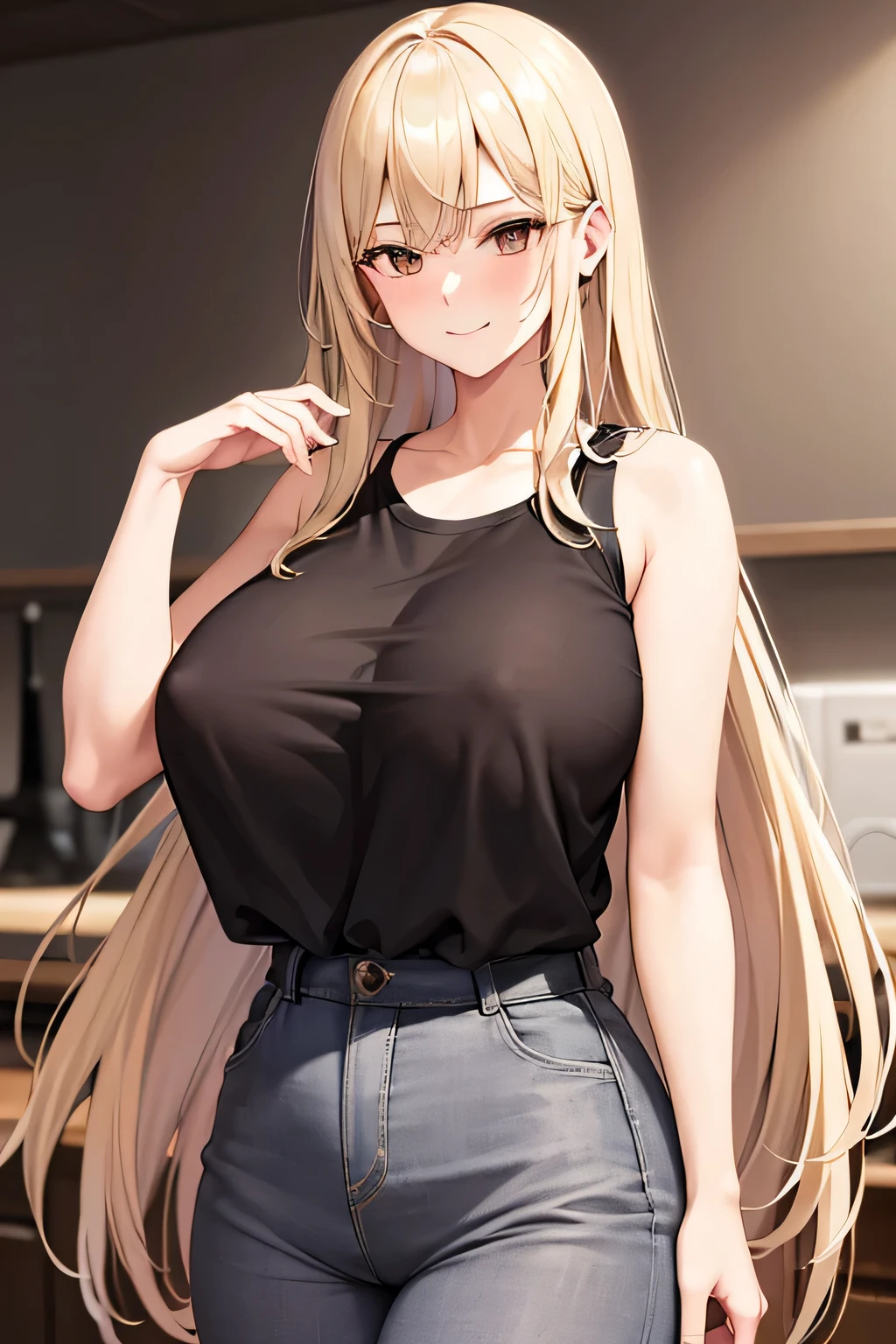 (masterpiece), (best quality), (highly detailed), 1girl, solo, blonde hair, long messy hair, brown eyes, embarrassed, standing, black shirt, nipples poking through shirt, black shirt, top, upper top, black short sleeves, smiling, short sleeves, grey pants, (gigantic breasts:1.2)