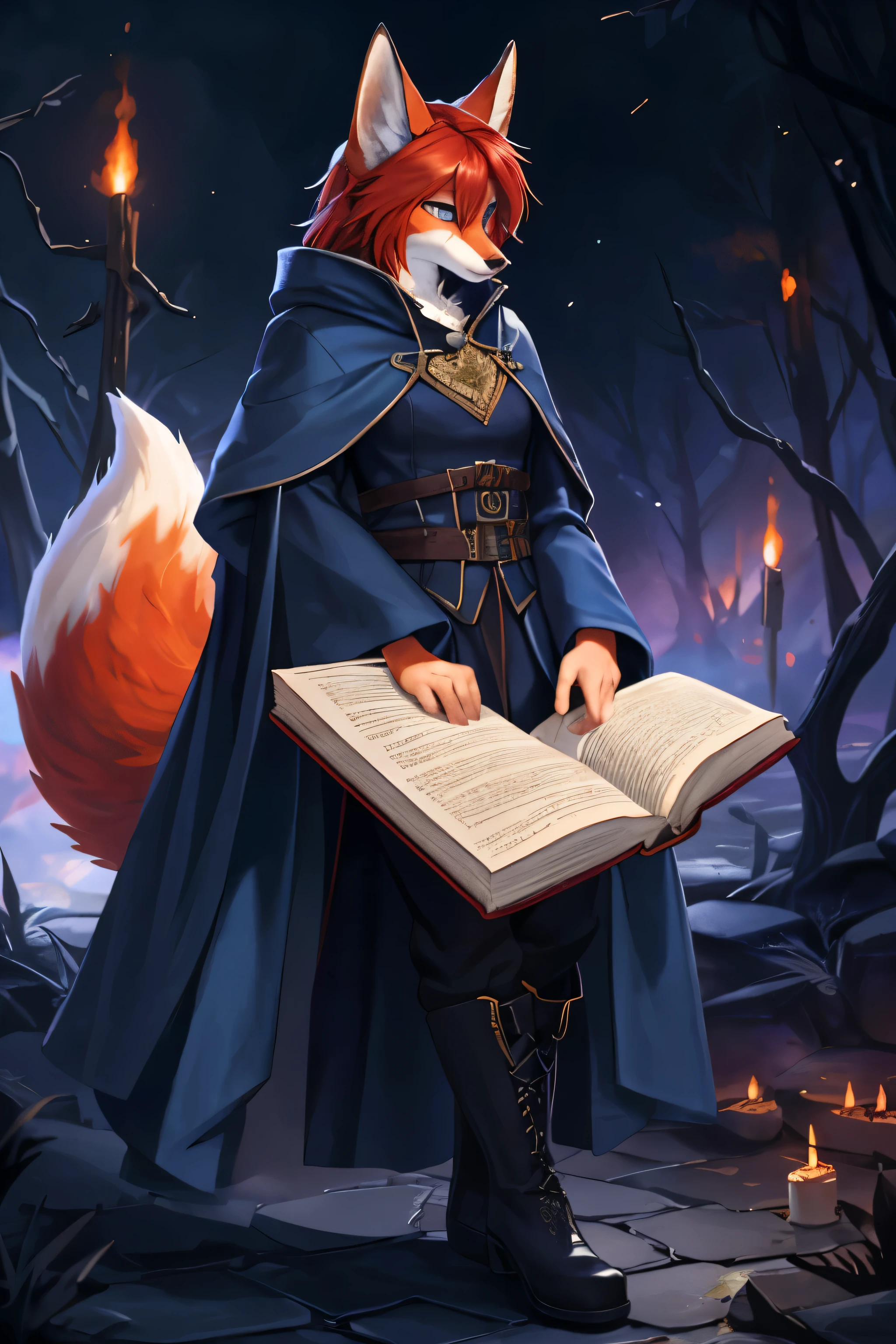 (Best quality,A high resolution),(Realistic:1.37)fox, redhead, fluffy, kitsune, wool, sparkling eyes, flowy dark blue coat with black blouse, fire mage, holding a book of spells in his left hand, full length, black boots, in a dark fantasy atmosphere, fantasy character art