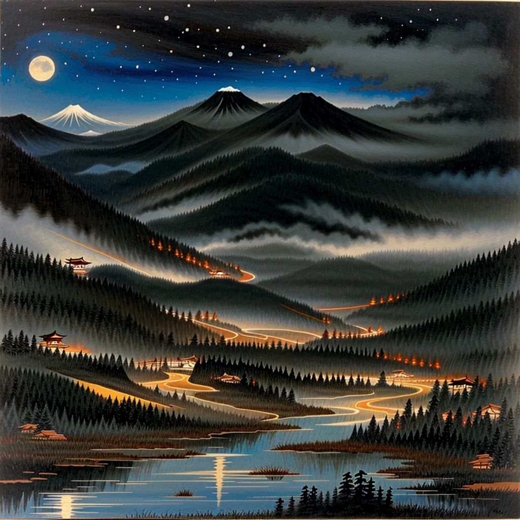 Japan painter、Ikuo Hirayama、scenery、valley、Moonlight night、mysterious