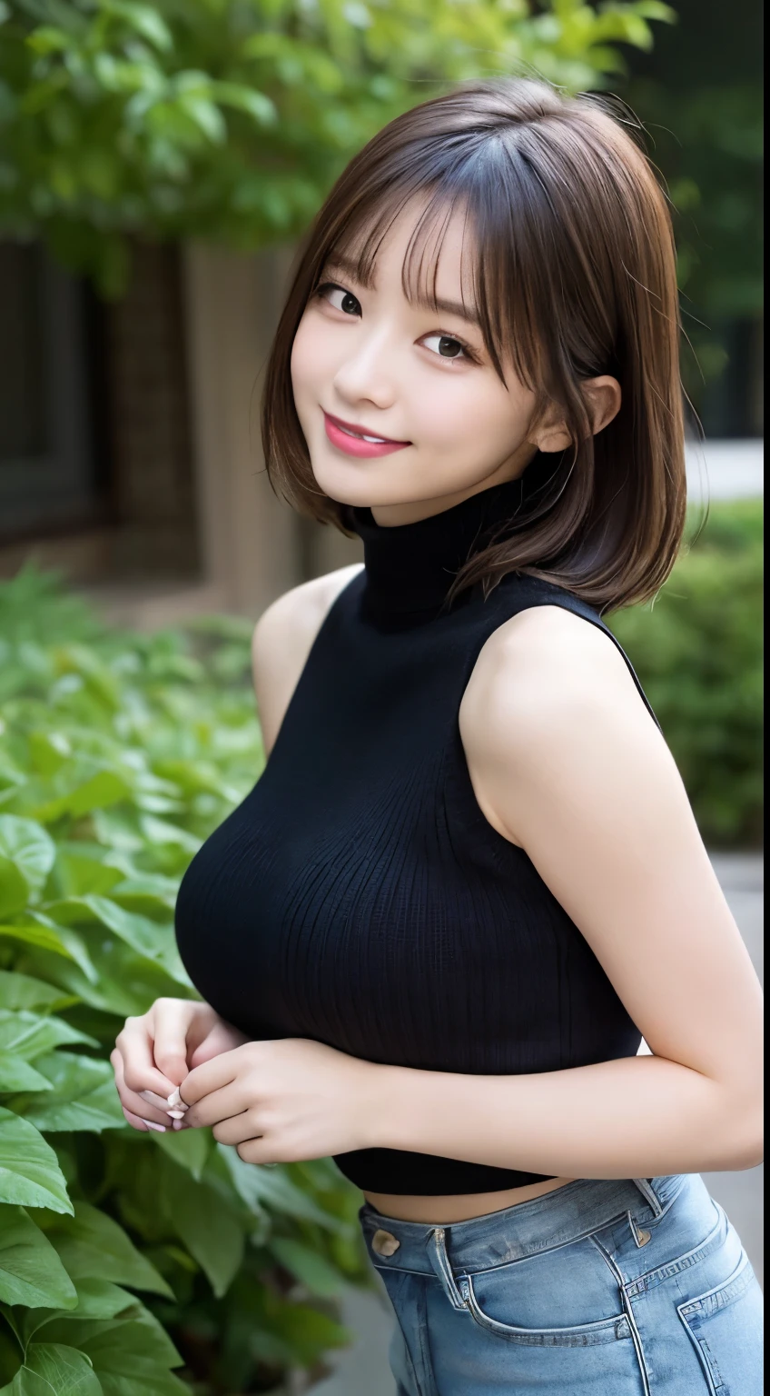 table top、highest quality、figure、 Super detailedな、High resolution、8Kのwallpaper、完璧なダイナミックな構figure,、Beautiful detailed idium hair、(beautiful big breasts:1.3)、natural color lip、bold sexy pose、smile、Harajuku、20 year old girl、cute、sexy shot looking at camera、(highest quality: 1.3), (masterpiece: 1.3), (Super detailed: 1.3), (wallpaper, one girl: 1.1)、(delicate hands and fingers:1.2)、(Fine, super oily and shiny skin:1.1)、oily shiny thighs、(Perfect beautiful black sleeveless high neck knit top:1.4)、denim shorts、brown hair、short hair、bouncing hair、beautiful sister、(garden:1.2)、(beautiful big breasts:1.2) 、((sleep on your back)),raise your arms