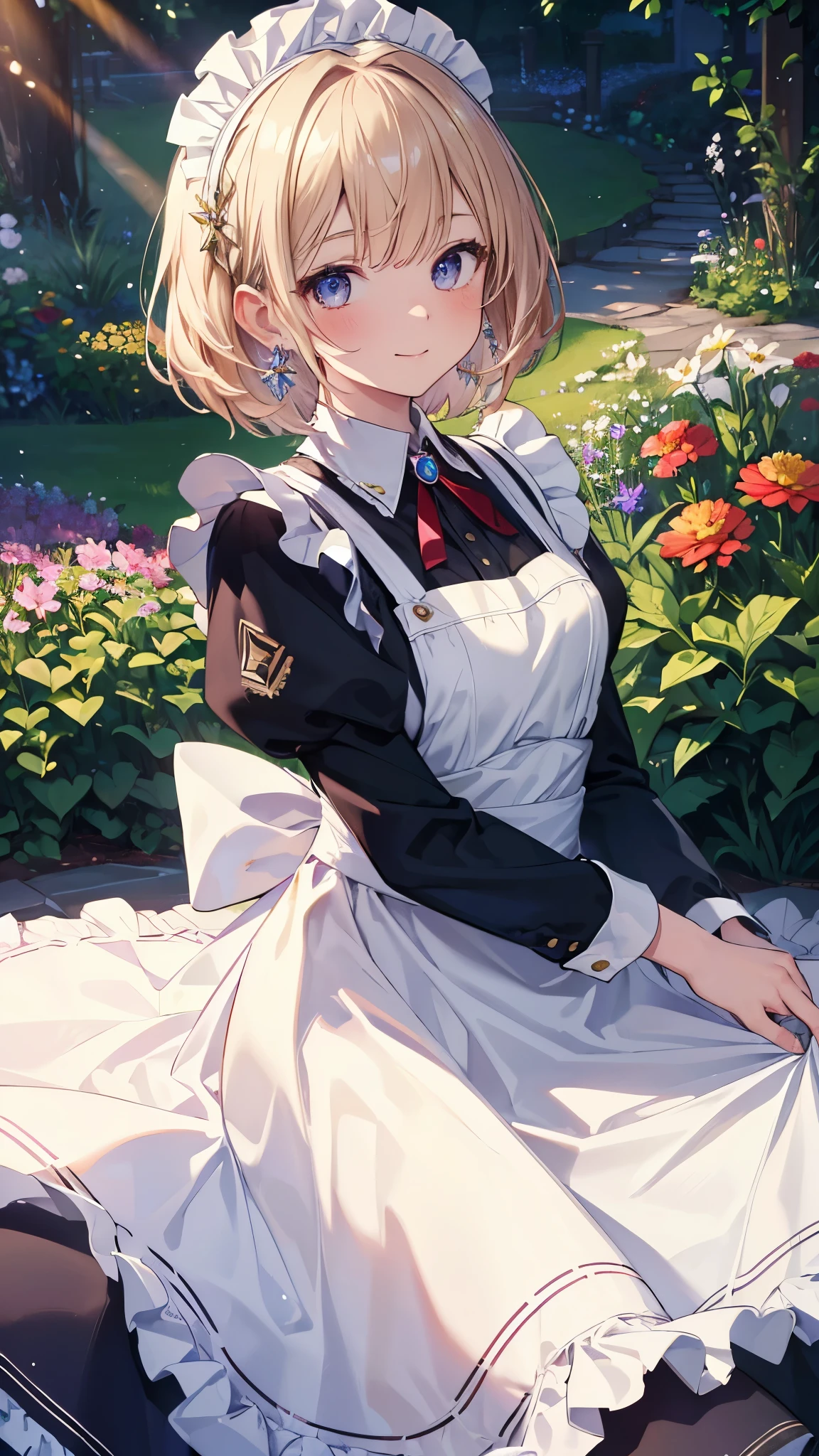 (highest quality, 8k, masterpiece, super detailed:1.2), cinematic angle, flowering meadow, shine, particles of light, garden, 1 girl, alone, maid, maid headdress, apron, arms, earrings, cute, smile, skirt lift,