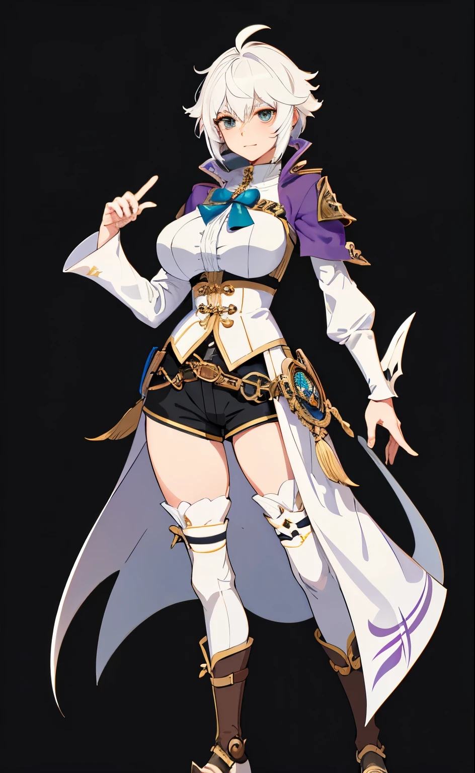 white background, top-quality, character design, concept art, 1girl, fluffy short white hair, fantasy medieval rogue outfit, blouse, steampunk accessories, long tailcoat, (large breasts:1.2), (modestly dressed:1.5), (androgynous:1.6), (genshin character:1.3), boyish features, powerful pose, young