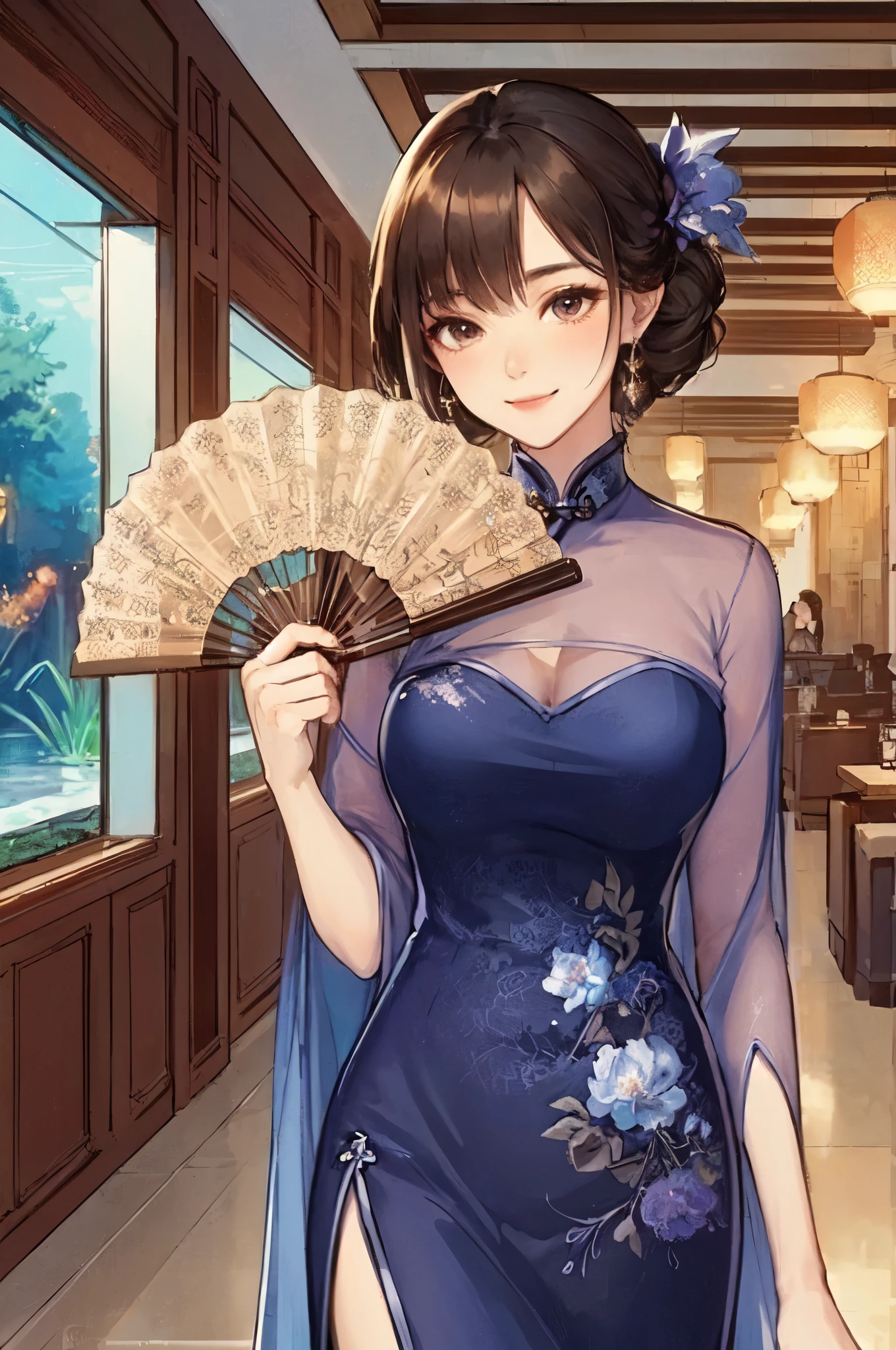 1lady solo, (walking slowly), (dark blue cheongsam) floral stylish, mature female, /(dark brown hair/) bangs, blush light smile, (masterpiece best quality:1.2) delicate illustration ultra-detailed, large breasts BREAK (holding a fan) BREAK (corridor of high-end restaurant) indoors, /(large water tank/), detailed background