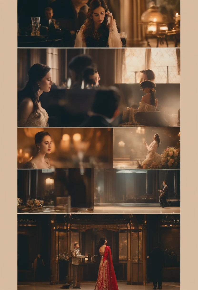 Art Nouveau, beautiful photography, stunning cinematography, 艾玛·沃特森的movie stills, lens!, 真人scenes from movies, great cinematography, movie film shooting, Still in the movie, movie stills, scenes from movies, great composition.Film Shot/lens/movie shots.Divided into6screens.Sad, beautiful, immersive and ethereal atmosphere.movie script interpretation.What's going on is a romantic love story...(best quality,4K,8k,high resolution,masterpiece:1.2),super detailed,(actual,photoactual,photo-actual:1.37),