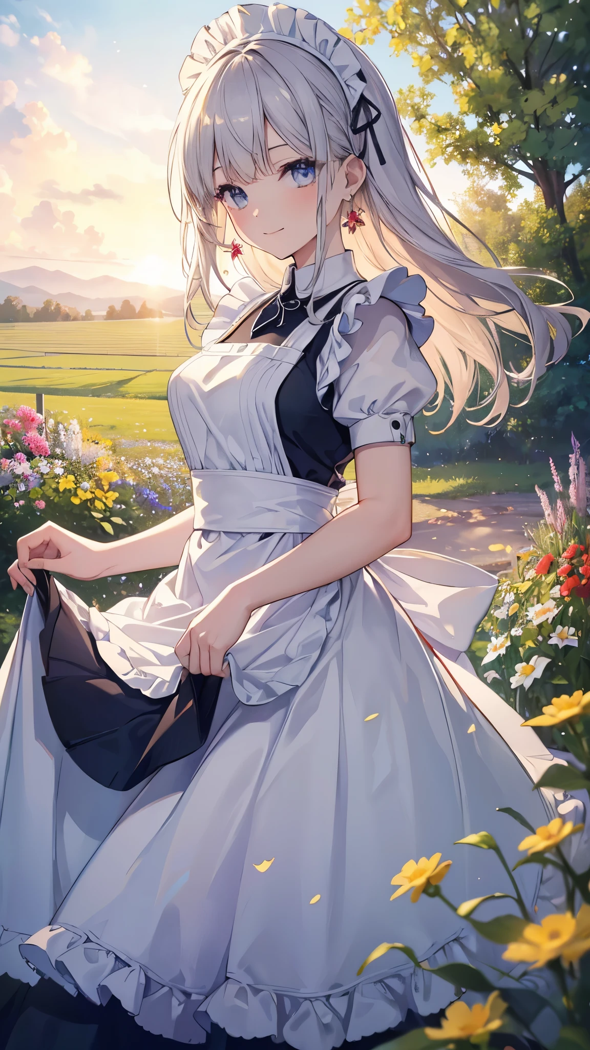 (highest quality, 8k, masterpiece, super detailed:1.2), cinematic angle, flowering meadow, shine, particles of light, garden, 1 girl, alone, maid, maid headdress, apron, arms, earrings, cute, smile, skirt lift,