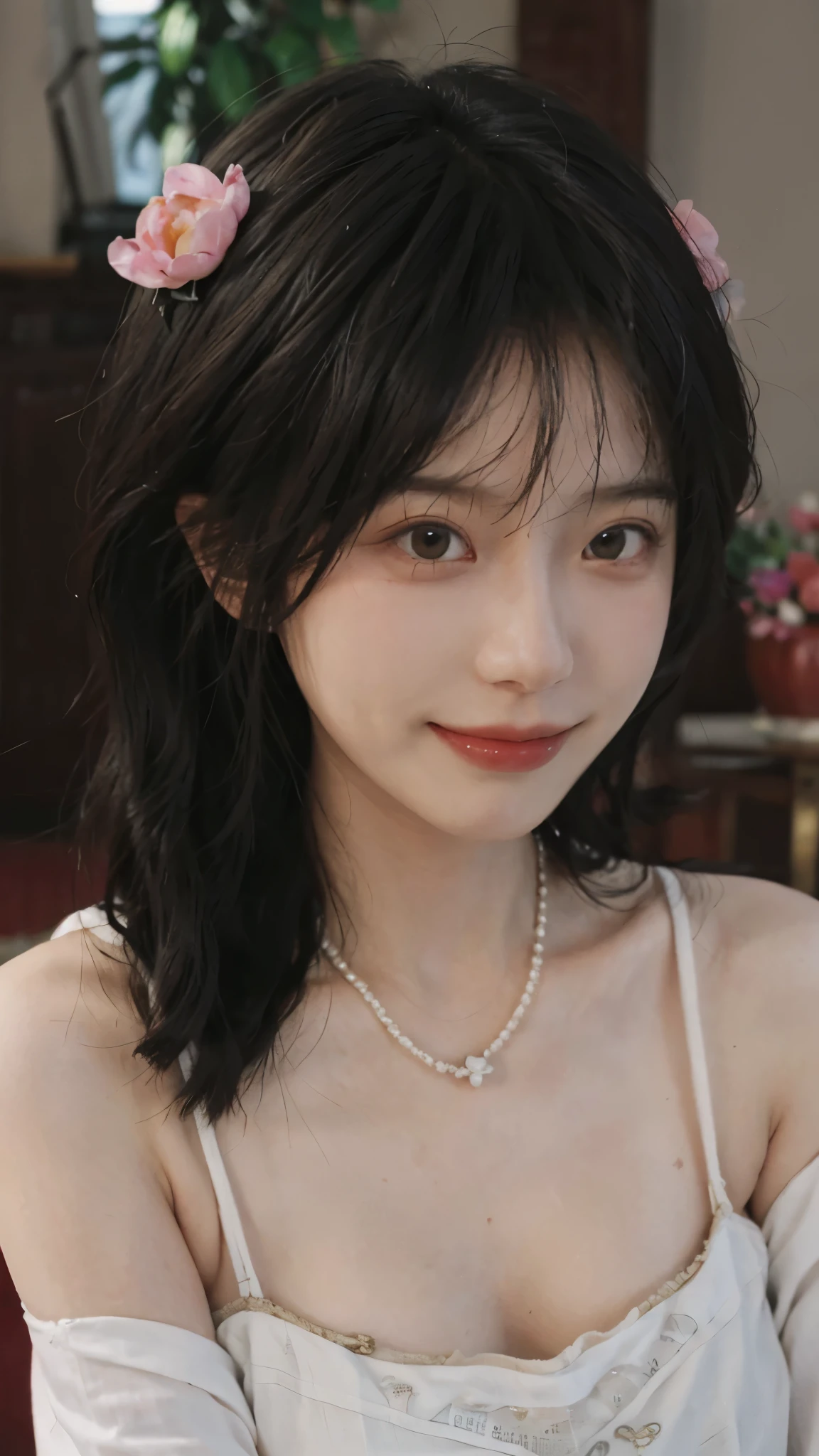 best quality, ultra high resolution, (realistically:1.4),cute hairpin,Baoyu Girl,Standing in the wedding hall,(flat chest:1.2) ,A pair of clear and charming peach blossom eyes,Royal sister,The sun shines on the face,Big wavy hairstyle,(necklace:1.2),(White skin:1.4),a sense of atmosphere,a beautiful girl, Smile,Looking directly at the viewer, Close-up cleavage ,(lifelike:1.4),1 girl,Sexy,(Upper body:1.4),(wet),(:1.2)