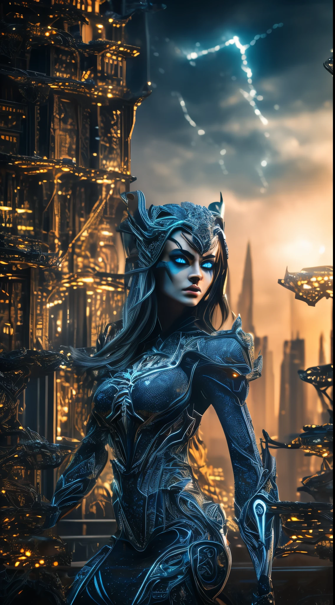 Spider female, best quality, super detailed, very detailed illustrations, very detailed, intricate details, high resolution, super complex details, very detailed, caustics, reflections, ray tracing, nebulae, dark halos, network effects, solo, alone, perfect makeup , electric  dress, blue eyes, glowing eyes, random expression, random action, starry sky, skyline,