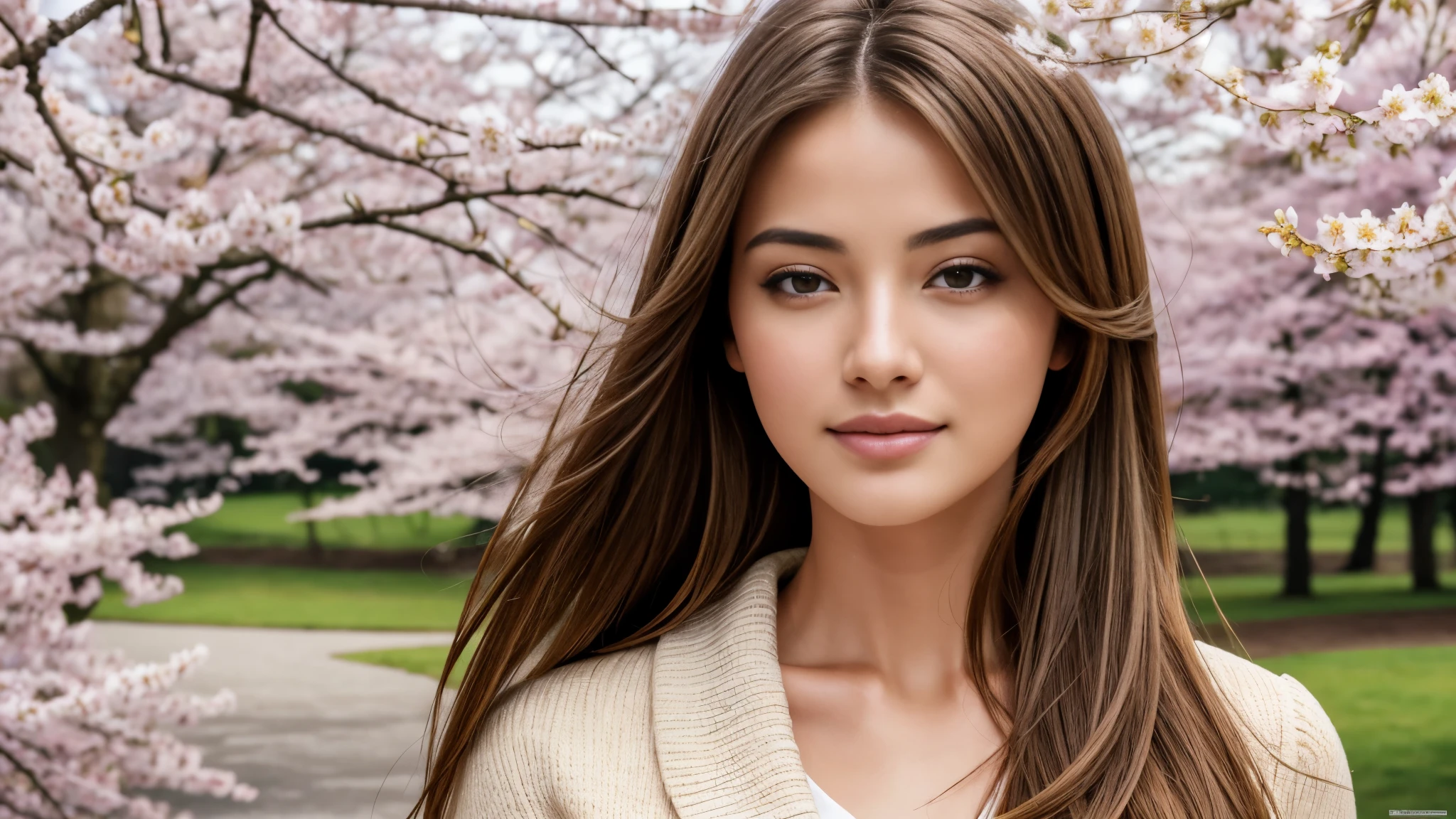 masterpiece, Best Quality, Photorealistic, Ultra-detailed, finely detailed, High resolution, 8K Wallpaper, 1 beautiful woman, light brown hair, sharp focus, Perfect dynamic composition, Beautiful detailed eyes, detailed hairs, Detailed realistic skin texture, Smiling, portrait, Model body type, Take a walk in the park with cherry blossoms and Fuji mountain background,