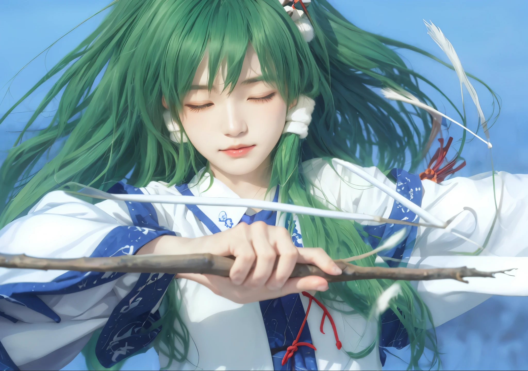 anime girl with green hair holding a stick and closing eyes, sanae kochiya, green hair, miko, white dress japanese traditional clothes, miko clothes, from touhou, touhou, touhou character,  anime girl miko stick, gohei stick, gohei, shinto ritual, photo realistic, portrait, realistic