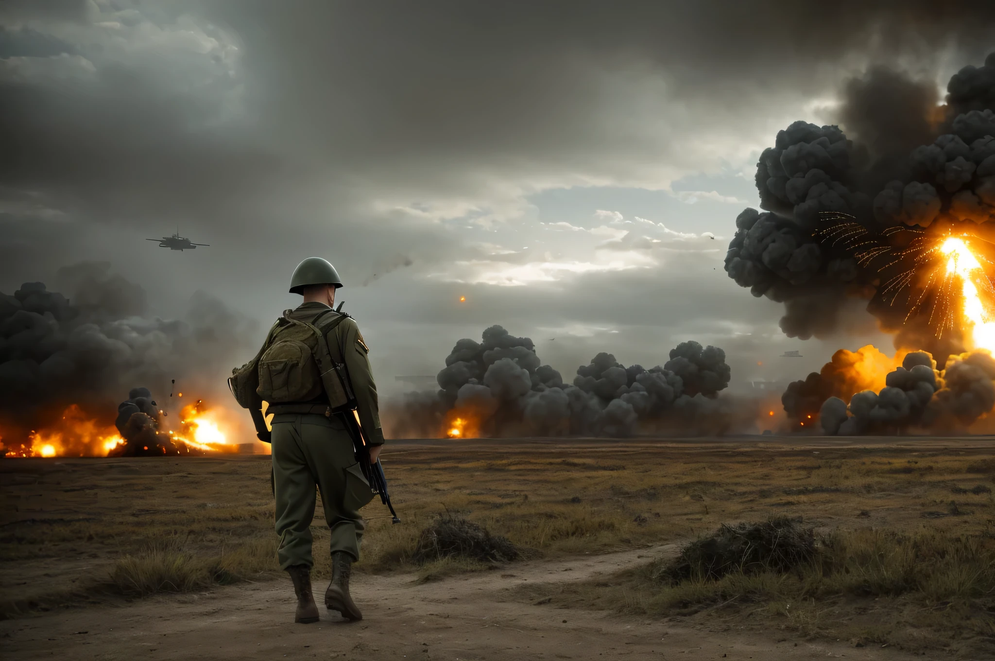 movie film shot, Extreme Wide Shot, battlefield, Inspired by World War II, soldier, explosion, bullet holes, Bullet ray, intricate details, high quality, 