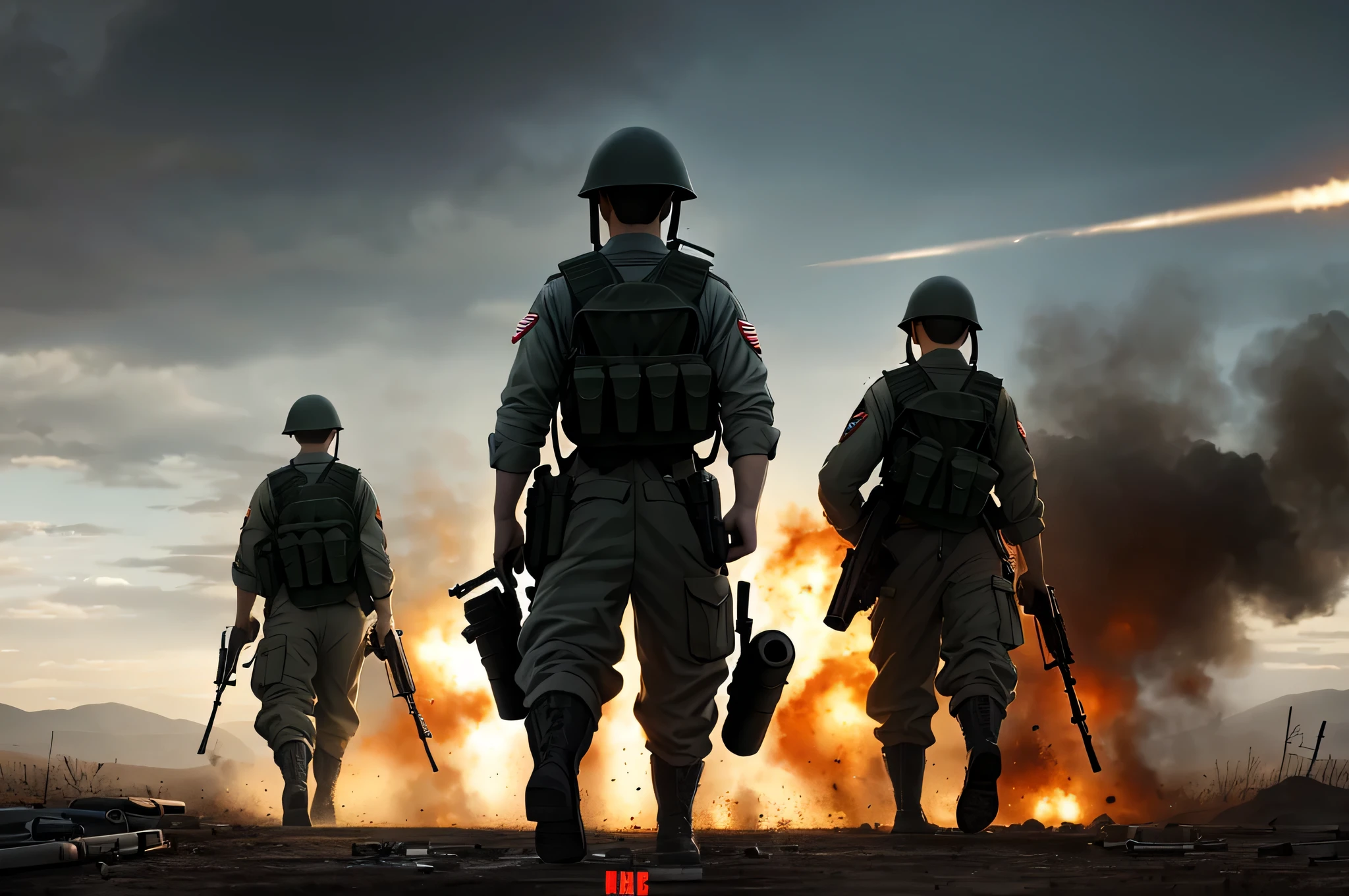 movie film shot, Extreme Wide Shot, battlefield, Inspired by World War II, soldier, explosion, bullet holes, Bullet ray, intricate details, high quality,
