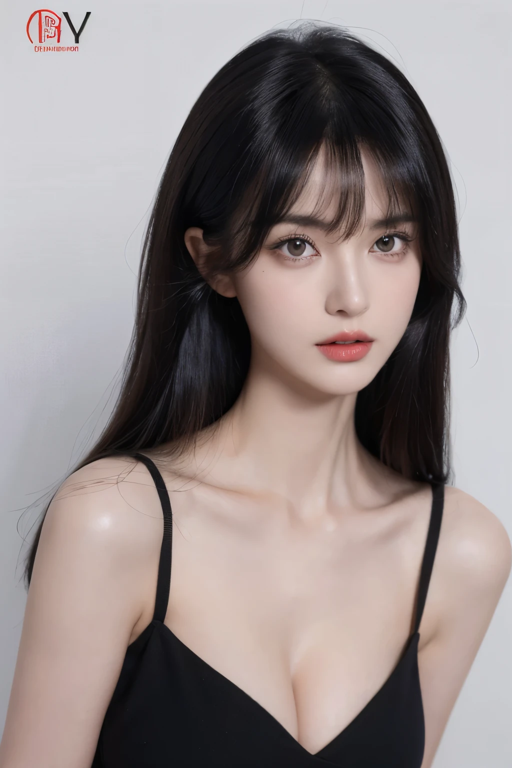 (lifelike,high resolution:1.3), A slim girl, The face shape and eyes are super delicate,black hair,red glossy lips,(beautiful face), (best quality), (Super detailed), (Extremely detailed CG unified 8k wallpaper),((sexy dress),(White background),(cleavage),(Model photo),sexy look,big eyes,(standing),(air bangs),(Slim waistline),Eyes look at the audience,Teardrop-shaped breasts,soft breasts,very realistic breasts,Character centered,black hair
