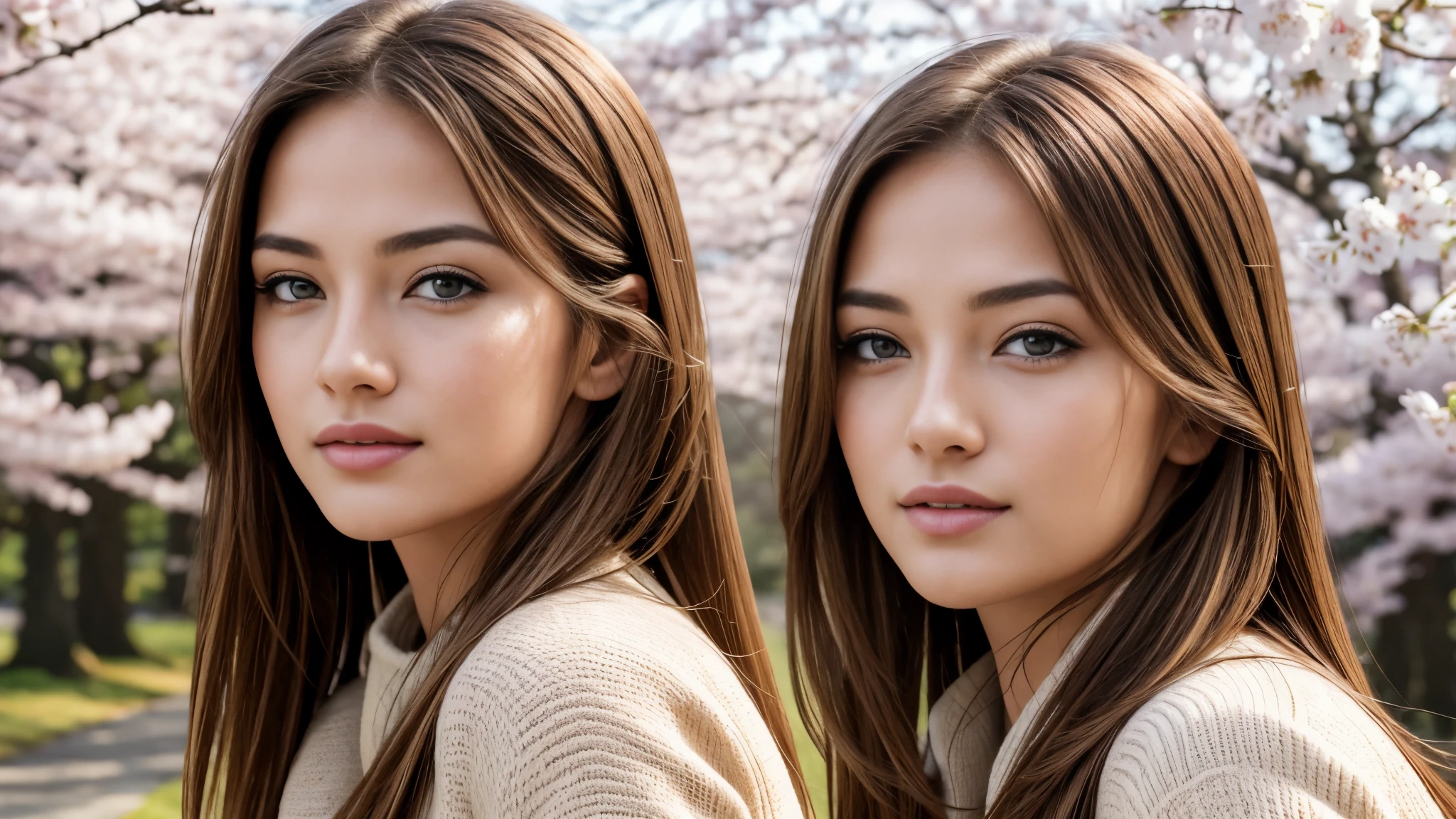 masterpiece, Best Quality, Photorealistic, Ultra-detailed, finely detailed, High resolution, 8K Wallpaper, 1 beautiful woman, light brown hair, sharp focus, Perfect dynamic composition, Beautiful detailed eyes, detailed hairs, Detailed realistic skin texture, Smiling, portrait, Model body type, Take a walk in the park with cherry blossoms and Fuji mountain background,