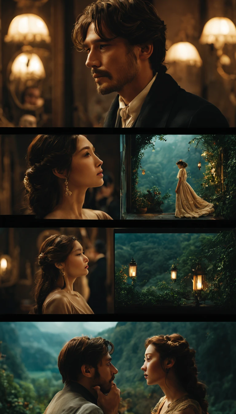 Art Nouveau, beautiful photography, stunning cinematography, 艾玛·沃特森的movie stills, 电影lens!, 真人scenes in, great cinematography, movie film shooting, Still in the movie, movie stills, scenes in, great composition.Film Shot/lens/movie shots.Divided into6screens.Sad, beautiful, immersive and ethereal atmosphere.movie script interpretation.What's going on is a romantic love story...(best quality,4K,8k,high resolution,masterpiece:1.2),super detailed,(actual,photoactual,photo-actual:1.37),
