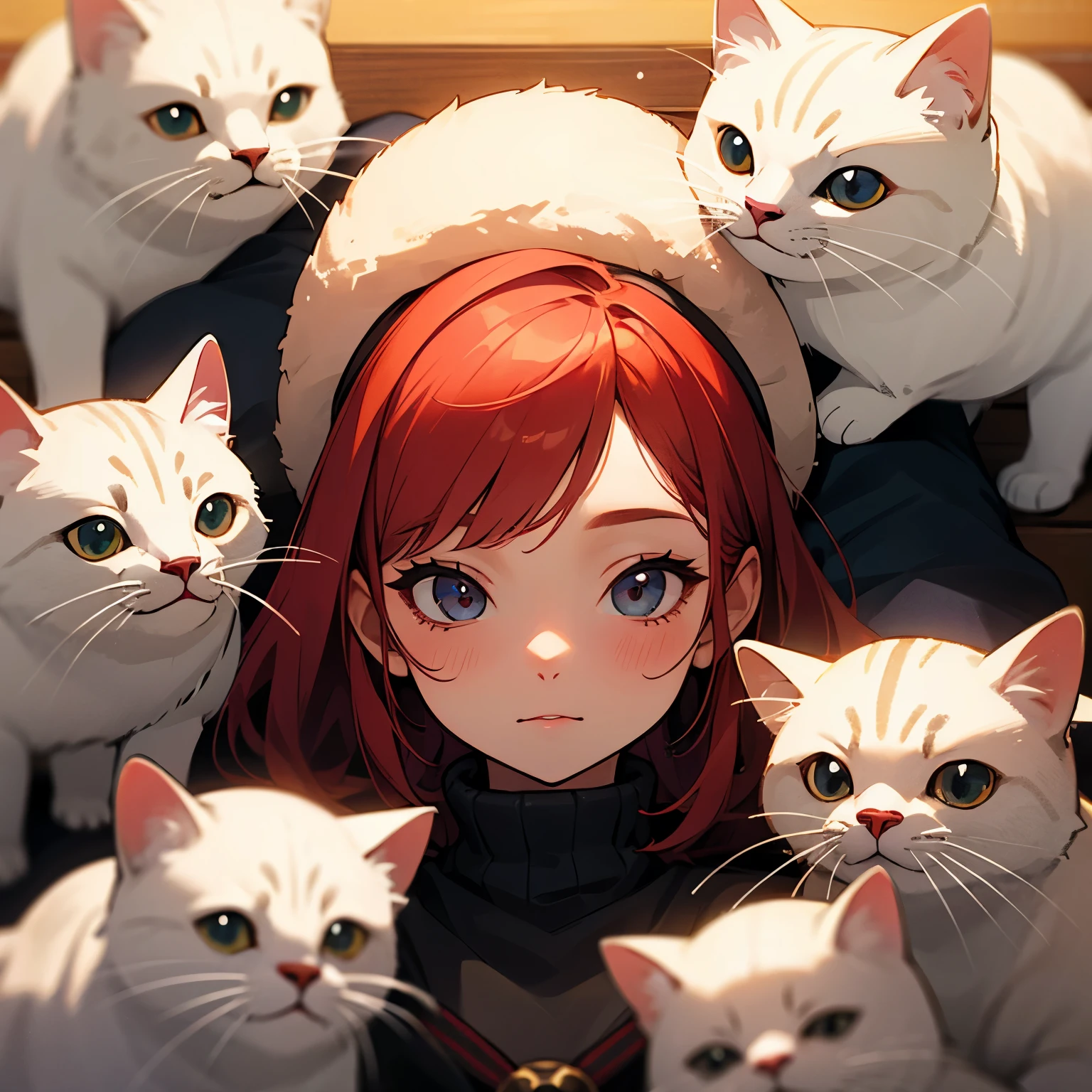 Girl with red hair, in the middle of the art, knitted seals around the face, lies in knitted cats