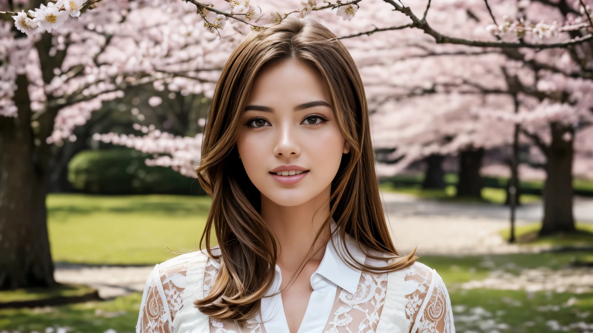 masterpiece, Best Quality, Photorealistic, Ultra-detailed, finely detailed, High resolution, 8K Wallpaper, 1 beautiful woman, light brown hair, sharp focus, Perfect dynamic composition, Beautiful detailed eyes, detailed hairs, Detailed realistic skin texture, Smiling, portrait, Model body type, Take a walk in the park with cherry blossoms and Fuji mountain background,