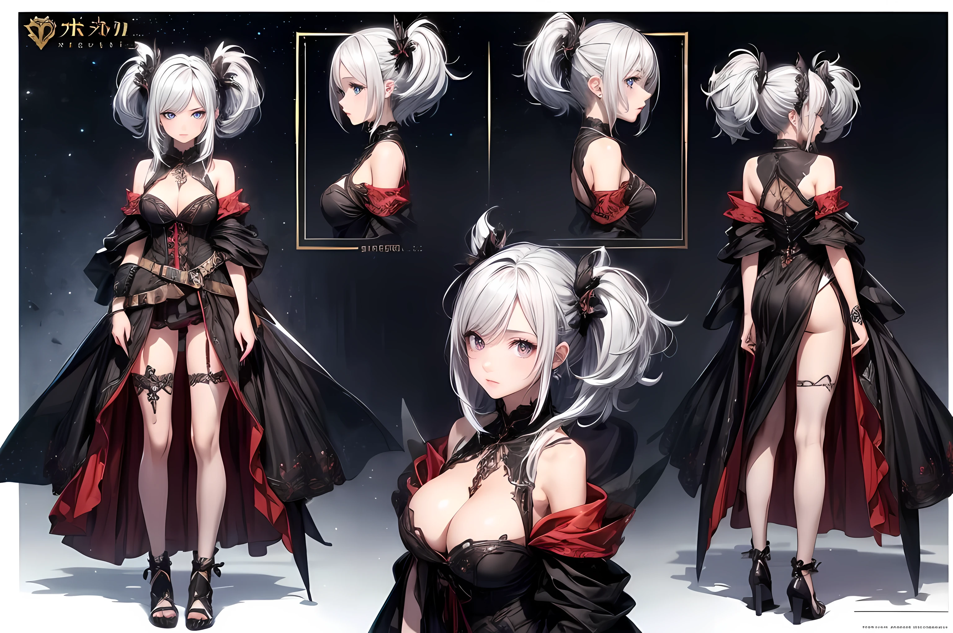 Character Design Sheet, Multiple angle, masterpiece, best quality, 1female, long volumetric silver hair, side bangs, wearing vampire coat, detailed beautiful eyes, detailed gorgeous face, perfect anatomy, intricate details, white background,
