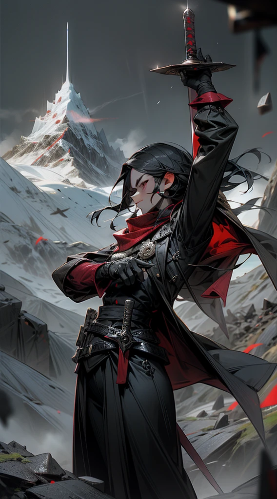 Black and red steel bullets stand against the mountain,sword in hand