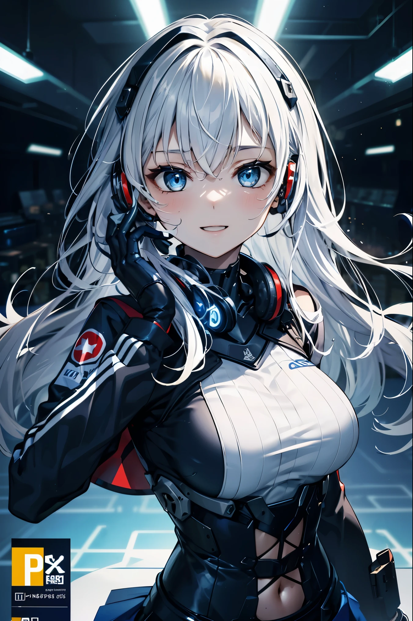 cityscape, NSFW, (Face of love, I'm so happy:1.5), (mecha musume, cyborg girl), teen, stylish angle, stylish pose, (headphone, mechanical fuselage, mechanical clothing), looking at the viewer, bangs cut off, blue mini skirt, plastic corset, Beautiful light effect, caution decal, glowing skin, Furisode, removable long sleeves, very wide sleeve, (corporate logotype:1.5),