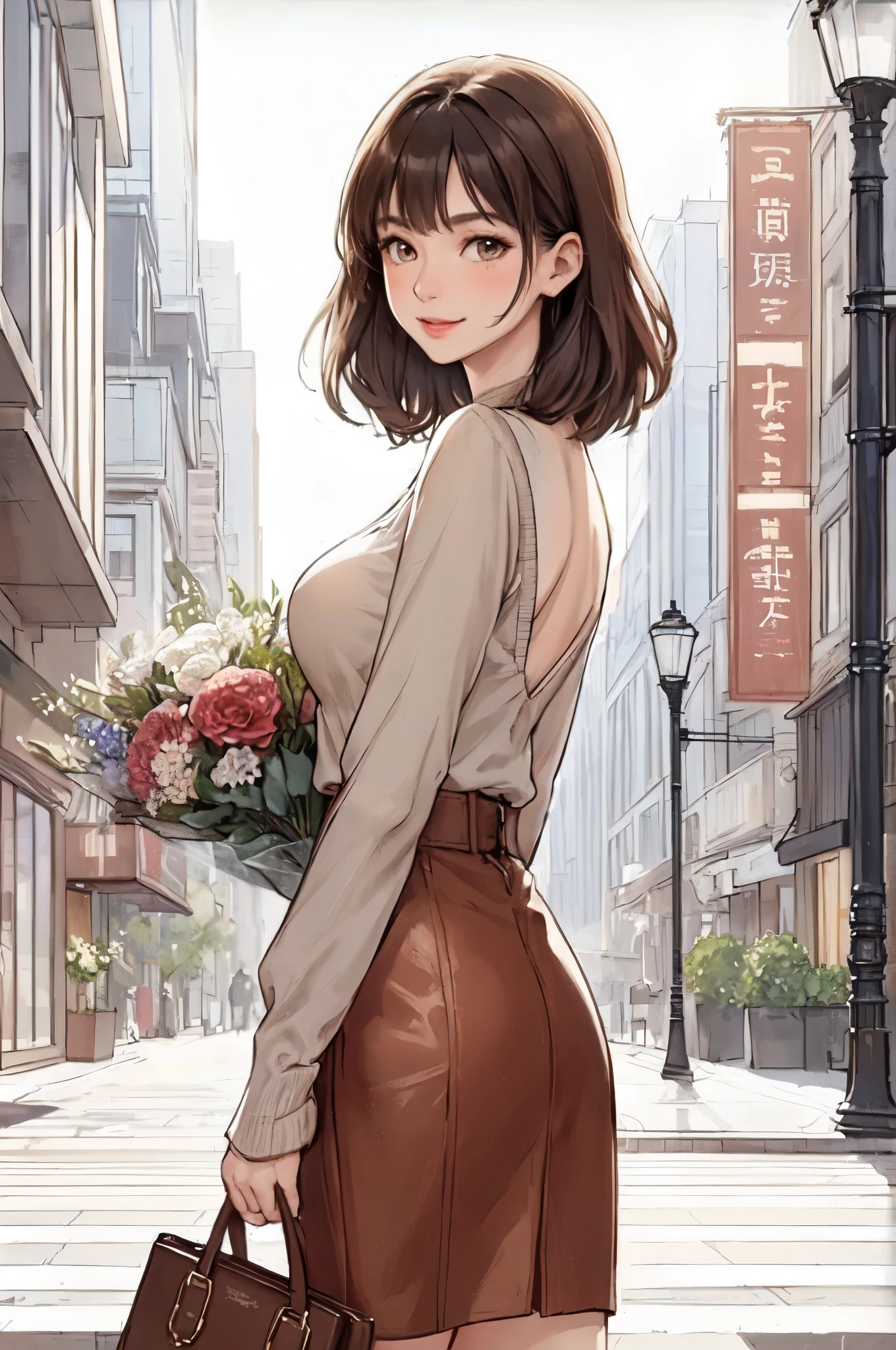 1lady solo, (looking back) (from behind), (strolling through city), brown (stylish outfit), leather skirt, mature female, /(dark brown hair/) bangs, blush light smile, (masterpiece best quality:1.2) delicate illustration ultra-detailed, large breasts BREAK (holding a designer's bag) (holding bouquet) BREAK (luxurious downtown street) outdoors, noon, crowded, detailed background