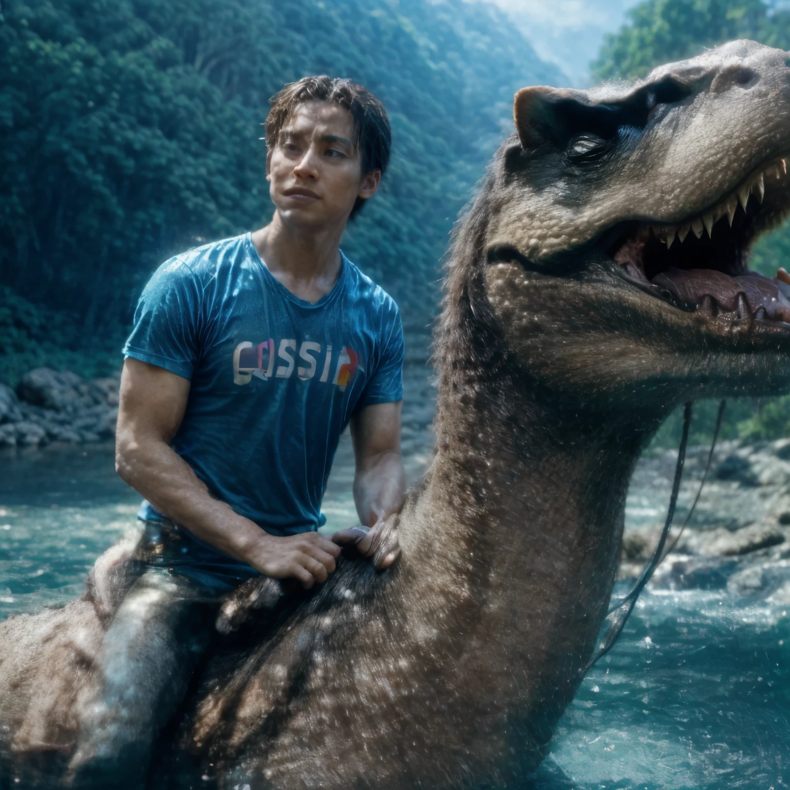 In a lush forest near a serene lake, a figure clad in a vibrant blue shirt emblazoned with the word “COSSIAN” rides atop a sleek Velociraptor. With wind tousling their hair, they both gaze intently into the distance, curious about the mysteries that lie ahead. Branches sway gently overhead as the pair ventures deeper into the enchanting wilderness, their bond transcending time and species.