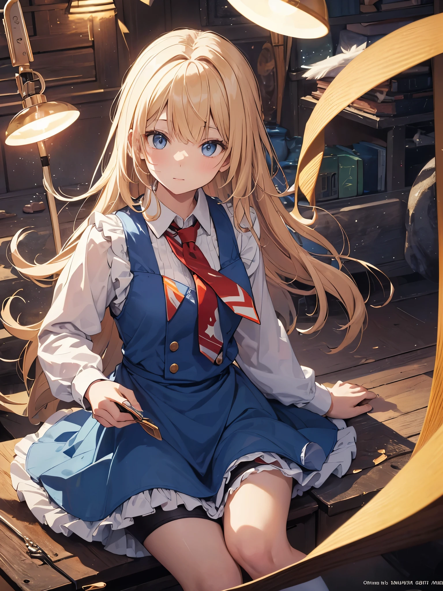 1girl in, (No Panties),(OPEN twat), length hair, blue eyess, blonde hair, diadems, sitting on, I don't wear any underwear、A pose where you can be seen from below、Spreading legs with both hands、full view, doress, the bow, The card, pinafore, shairband, PlayingCards, looking at the viewers, shortsleeves, the bow of the hair, blue hairband, a smile, red blush, hand on own face, blue dress, alice(alice in Wonderland), hair between eye, a chair, Black pantyhose, blue the bow, a throne, puffy sleeves, Put your hand on your cheek, bangss, apron dress, shortsleeves, bow ribbon、very long hair、mini crown、foot out of frame、frilld、white pinafore、:q、masterpiece、top-quality、((lifted skirt、Pussy、camel's toe)))、SEX、NFSW、anus,