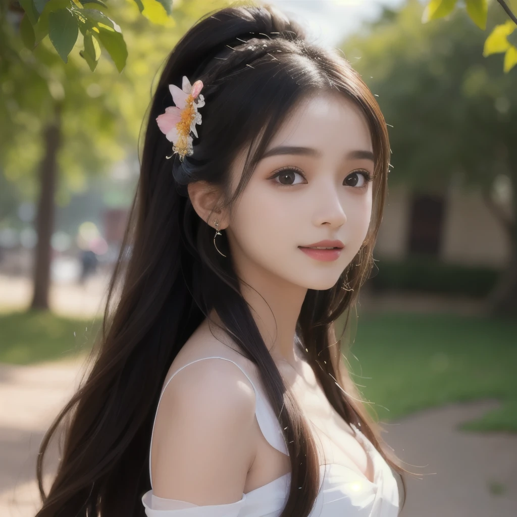 8K, ultra high detailed, an indian girl, cute face, happy, long hair, impressive hairstyle, detailed eyes, detailed lips, nature background, flowers, afternoon, shadow, clear weather, whole body capture,wearing nothing
