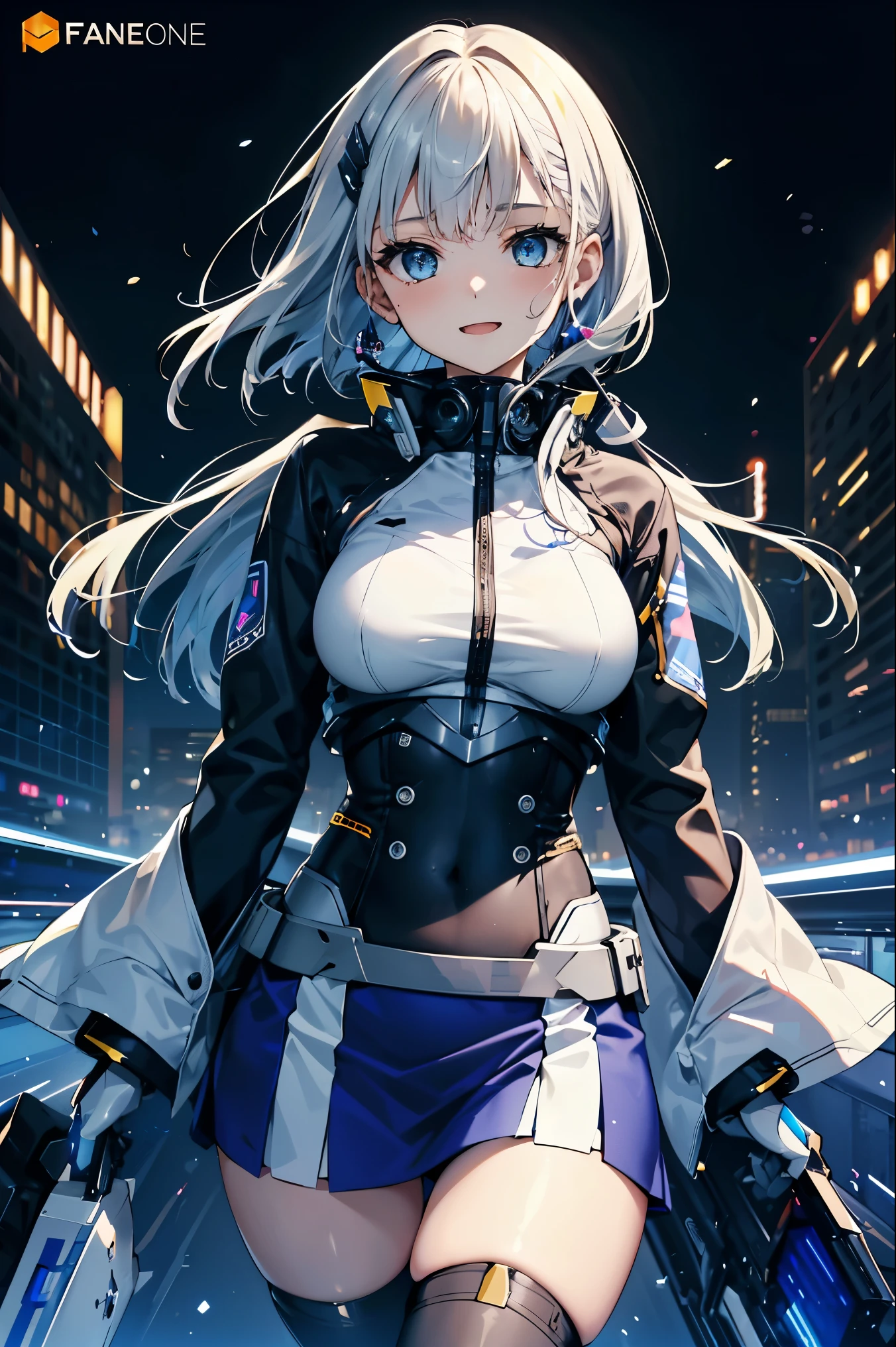 cityscape, NSFW, (Face of love, I'm so happy:1.5), (mecha musume, cyborg girl), teen, stylish angle, stylish pose, (headphone, mechanical fuselage, mechanical clothing), looking at the viewer, bangs cut off, blue mini skirt, plastic corset, Beautiful light effect, caution decal, glowing skin, Furisode, removable long sleeves, very wide sleeve, (corporate logotype:1.5),