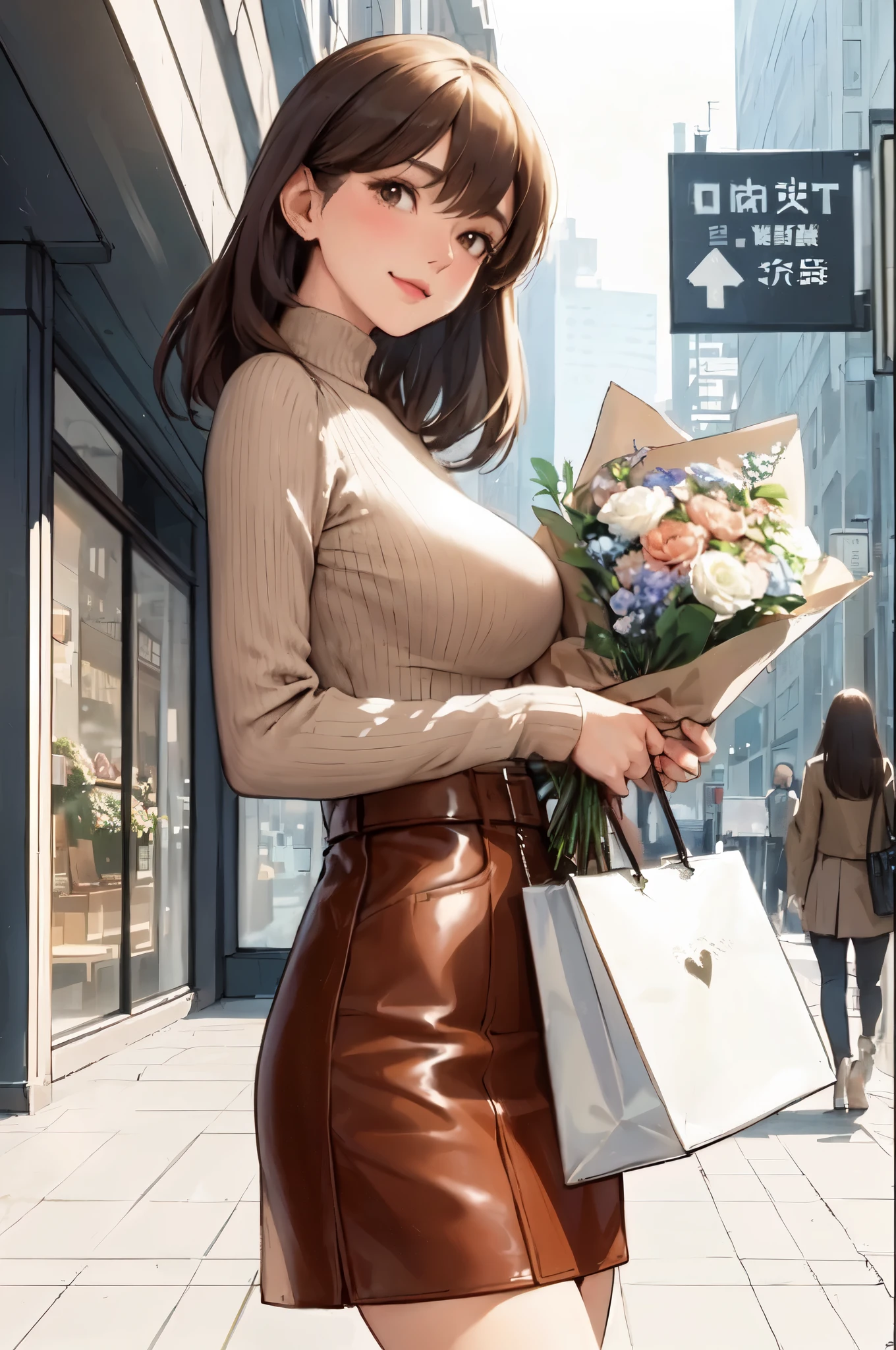 1lady solo, (looking back) (from behind), (strolling through city), brown (stylish outfit), leather skirt, mature female, /(brown hair/) bangs, blush light smile, (masterpiece best quality:1.2) delicate illustration ultra-detailed, large breasts BREAK (holding a designer's bag) (holding bouquet) BREAK (luxurious downtown street) outdoors, noon, crowded, detailed background