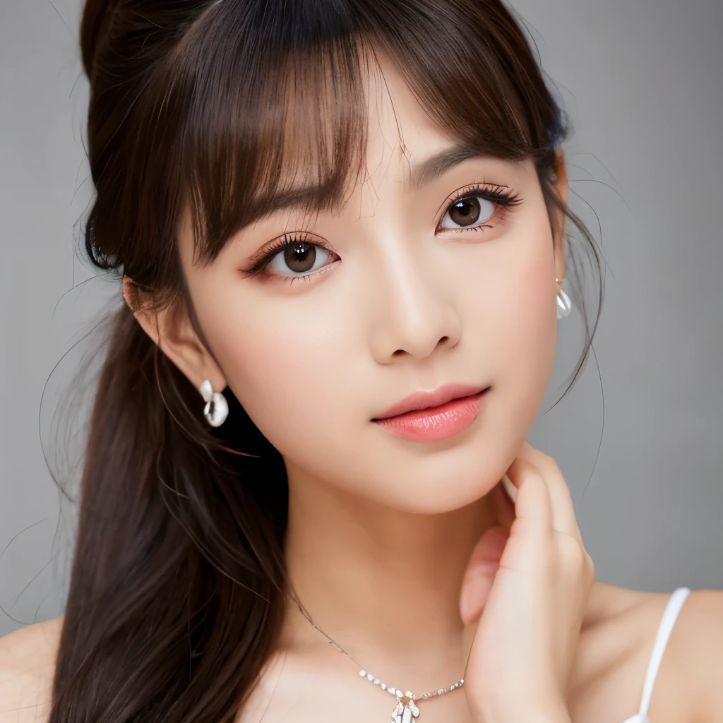 cute, ultra-detailed, illustration, intricate, detailed, extremely detailed, detailed face, soft lighting, soft light, soft focus, perfect face, beautiful, accurate anatomy, overexposure, 8k, 4k, (highres:1.1), best quality, (masterpiece:1.3), 1girl, solo, jewelry, brown eyes, looking at viewer, earrings, grey hair, bangs, choker, closed mouth, portrait, watch, hair ornament, simple background, grey background, long hair, head rest, lips, hair bow, black choker, bow, eyelashes