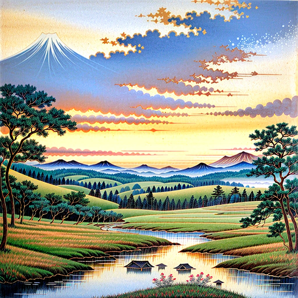 Japan painter、Ikuo Hirayama、sunset、countryside scenery、delicate、