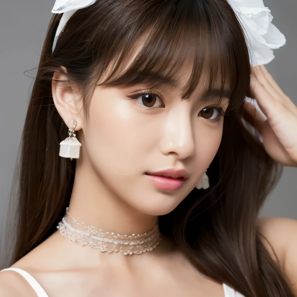 cute, ultra-detailed, illustration, intricate, detailed, extremely detailed, detailed face, soft lighting, soft light, soft focus, perfect face, beautiful, accurate anatomy, overexposure, 8k, 4k, (highres:1.1), best quality, (masterpiece:1.3), 1girl, solo, jewelry, brown eyes, looking at viewer, earrings, grey hair, bangs, choker, closed mouth, portrait, watch, hair ornament, simple background, grey background, long hair, head rest, lips, hair bow, black choker, bow, eyelashes