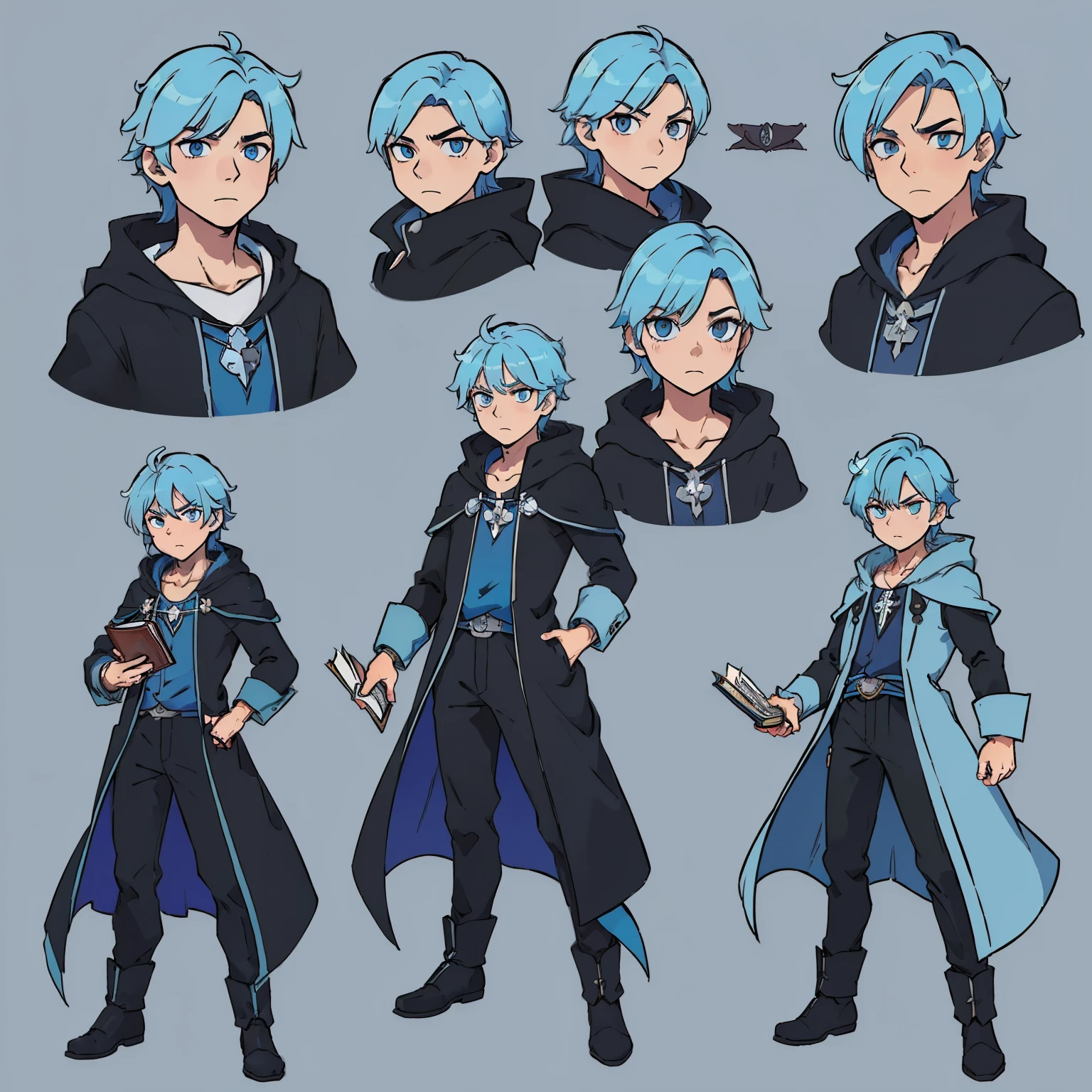 (((masterpiece))), (((best quality))), (((character design sheet, same character))), character design sheet, character reference sheet, illustration, mage boy, magician character, blue hair, male magician black clothes, wearing a hoodie, holding a grimoire magic book, bold face, game character, rpg character, fighting pose, highligths in hair, anime character, 8k, awesome quality