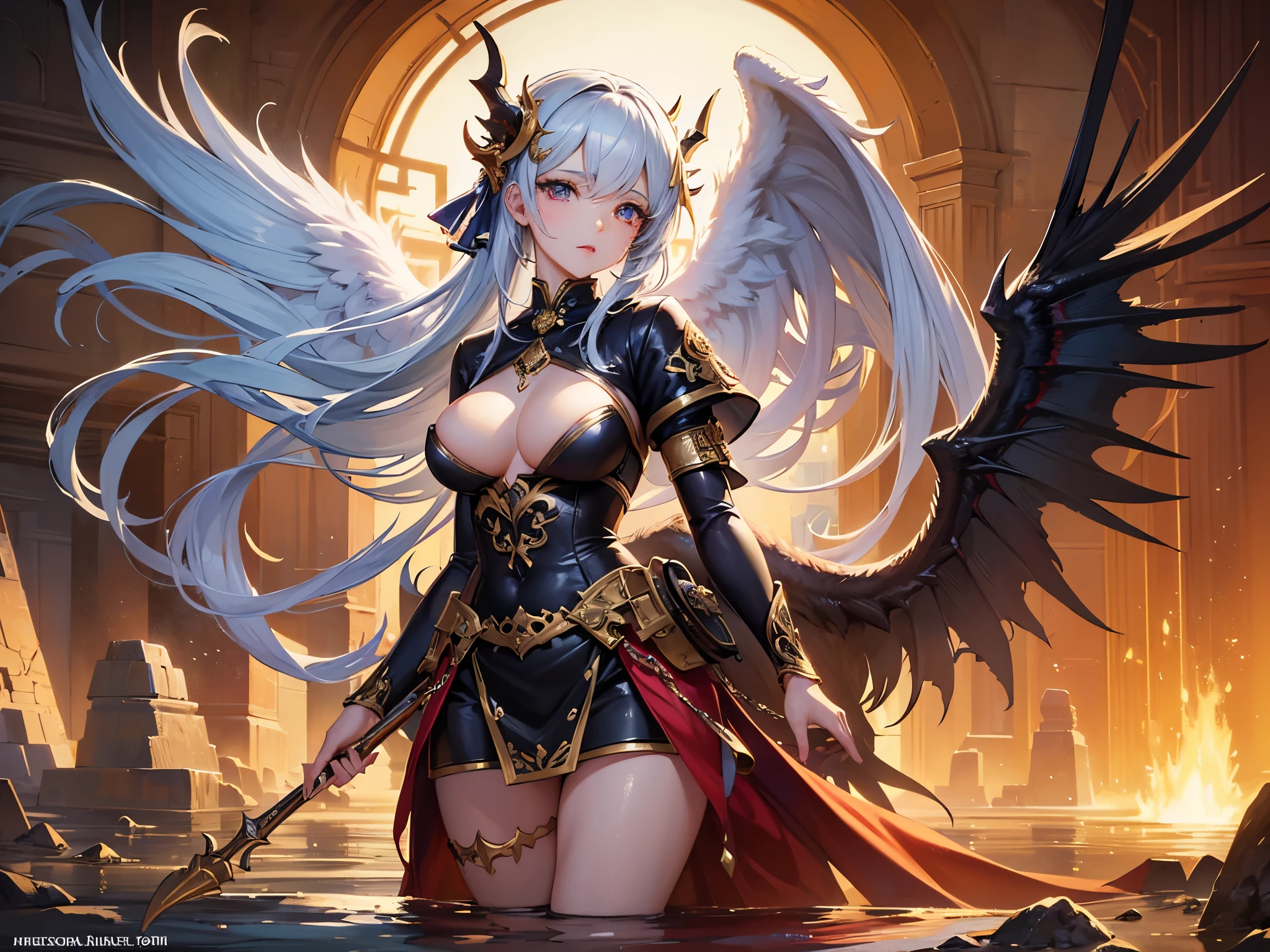 ((highest quality)),(ultra high resolution),(Super detailed),(detailed description),((best CG)),(best work of art),super precision art,amazing drawing art,(Fantasy art with precise details:1.5), An angel and a devil glare at each other across a clear blue river.