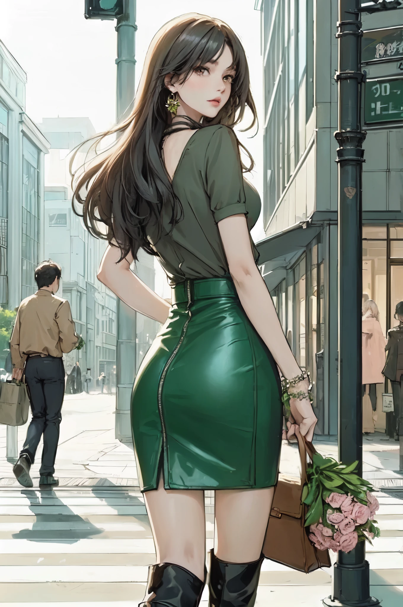 1lady solo, (looking back) (from behind), (strolling through city), dark green (stylish outfit), leather skirt, mature female, /(moss gray hair/) bangs, (masterpiece best quality:1.2) delicate illustration ultra-detailed, large breasts BREAK (holding a designer's bag) (holding bouquet) BREAK (luxurious downtown street) outdoors, noon, crowded, detailed background