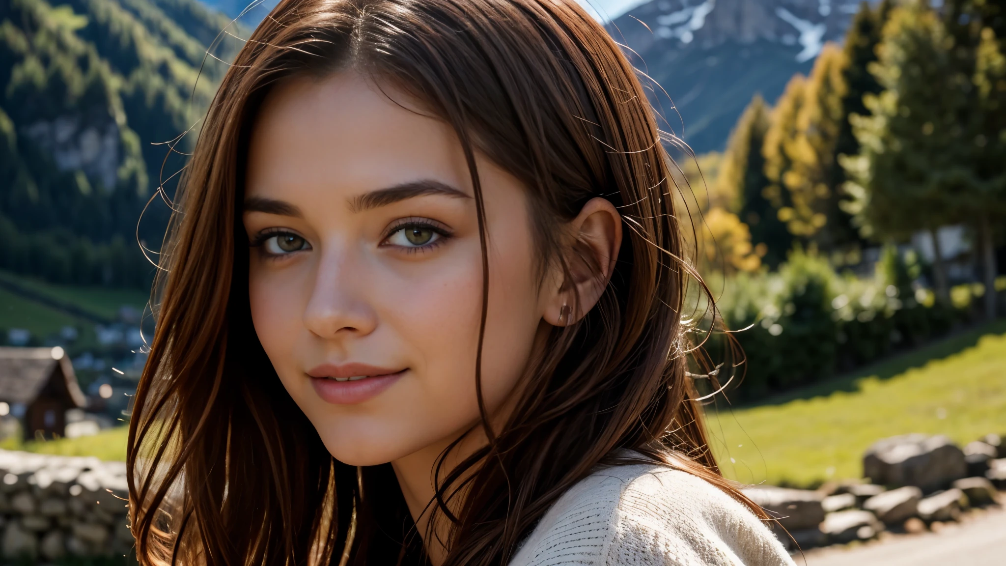 masterpiece, Best Quality, Photorealistic, Ultra-detailed, finely detailed, High resolution, 8K Wallpaper, 1 beautiful woman, light brown hair, Perfect dynamic composition, Beautiful detailed eyes, detailed hairs, Detailed realistic skin texture, Smiling, portrait, Model body type, The background is the village of Grindelwald, Switzerland,