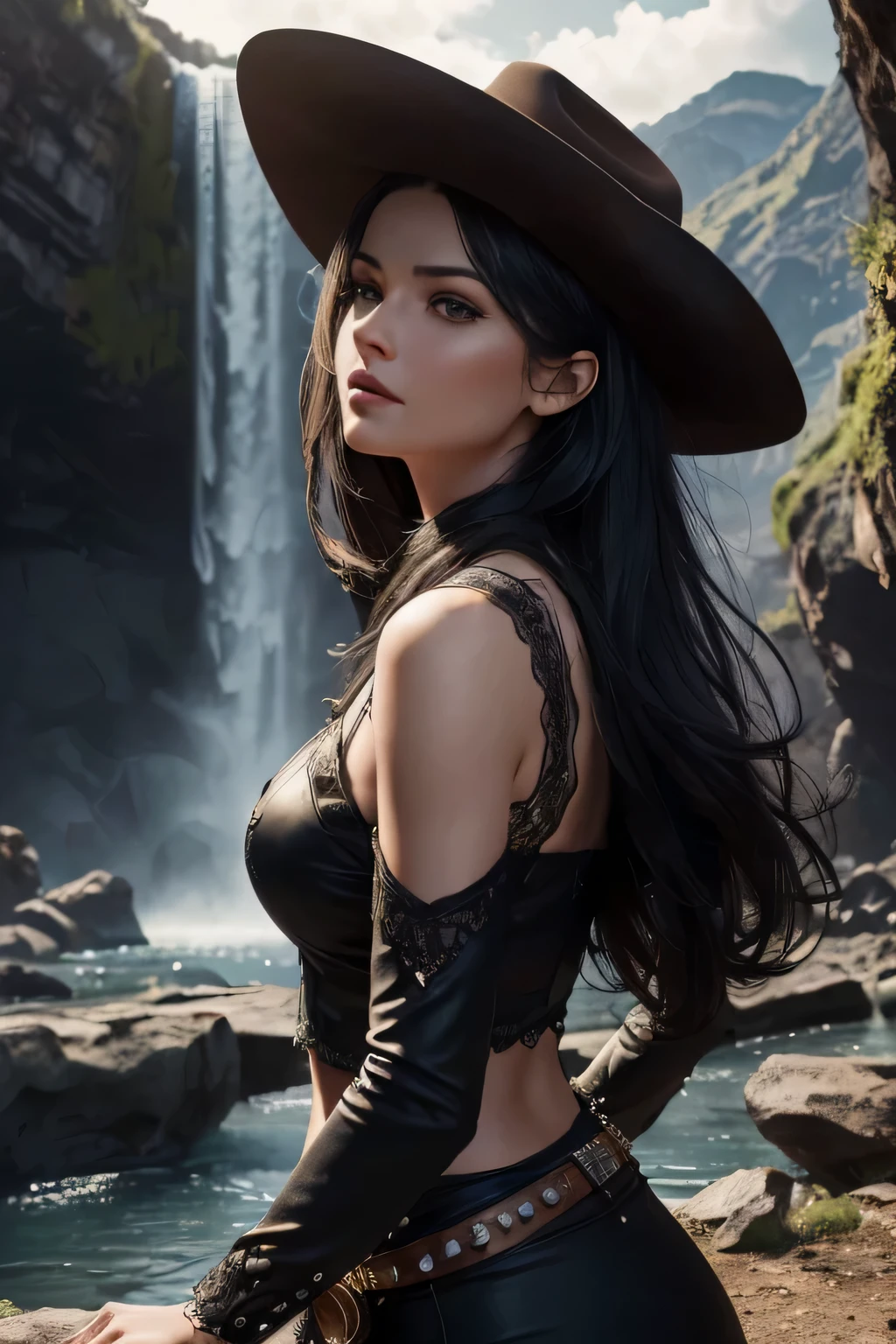 (photorealism, Best quality, ВысокаI детализациI, A high resolution:1.2, Masterpiece, 4k), (Wild West : гангстерскаI девушка, dressed in a stylish cowboy suit and trousers, ковбойскаI шлIпа, against the background of a waterfall and a bridge in the style of the wild west., грIзные длинные черные волосы, , Beautiful face, Hourglass body, Blue eyes, sparkling eyes)), elegant, difficult , hourglass figure, (finely detailed beautiful eyes: 1.2), Perfect body, I'I смотрю на зрителI, очаровательный взглIд, full length portrait, cinematic lighting, darkness, темнаI сцена, ((muffled light)), Turning off the lights, super detailed, Ultra-realistic, цифроваI фотографиI