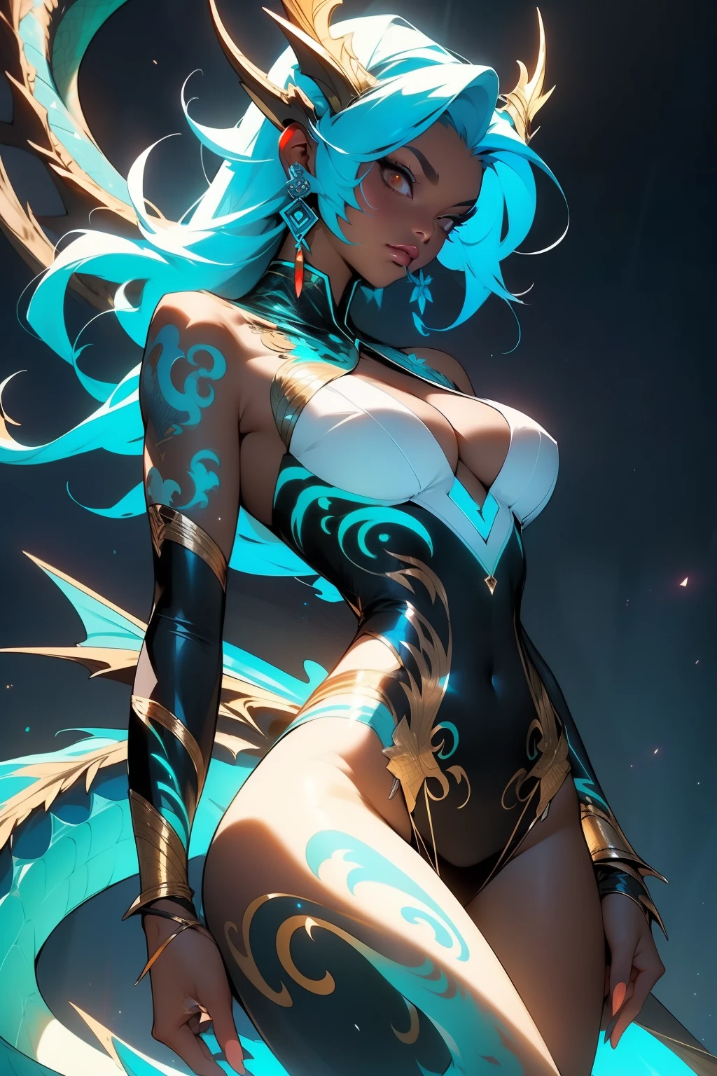 (Stunningly beautiful), (masterpiece), curvy Black girl, (bioluminescent dragon tattoo covering her back), piercing (deep brown) eyes, full (curves and cleavage), (detailed and glowing) tattoo, (sensuous and confident) pose, (radiant and shimmering) skin, (mythical and magnificent) dragon, captivating aura.