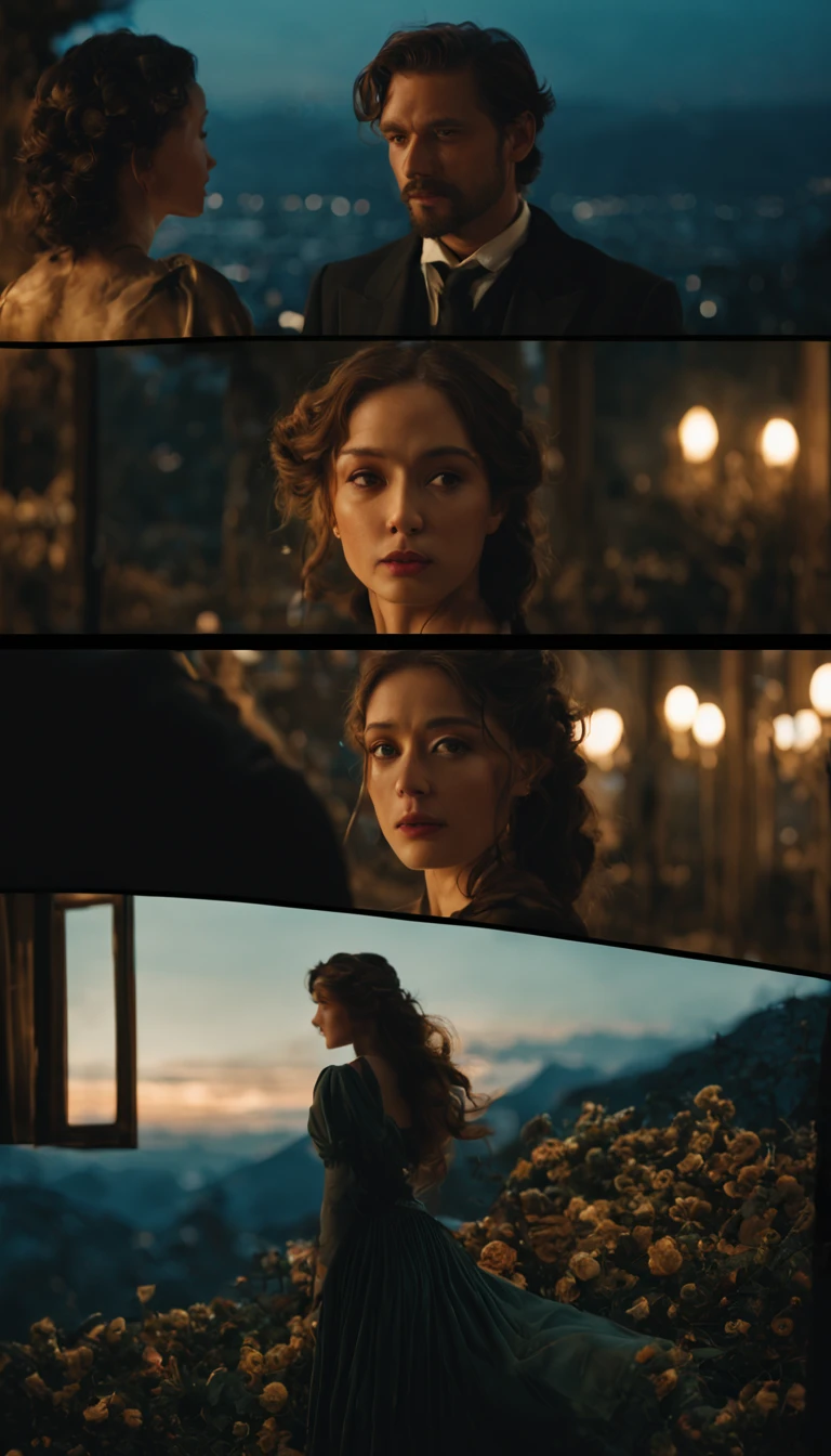 Art Nouveau, beautiful photography, stunning cinematography, 艾玛·沃特森的电影stills, 电影lens!, 真人scenes in, great cinematography, movie film shooting, Still in the movie, stills, scenes in, great composition．Film Shot/lens/movie shots.Divided into６screens．Sad, beautiful, immersive and ethereal atmosphere．movie script interpretation.What&#39;s going on is a romantic love story...(best quality,4K,8k,high resolution,masterpiece:1.2),super detailed,(actual,photoactual,photo-actual:1.37),