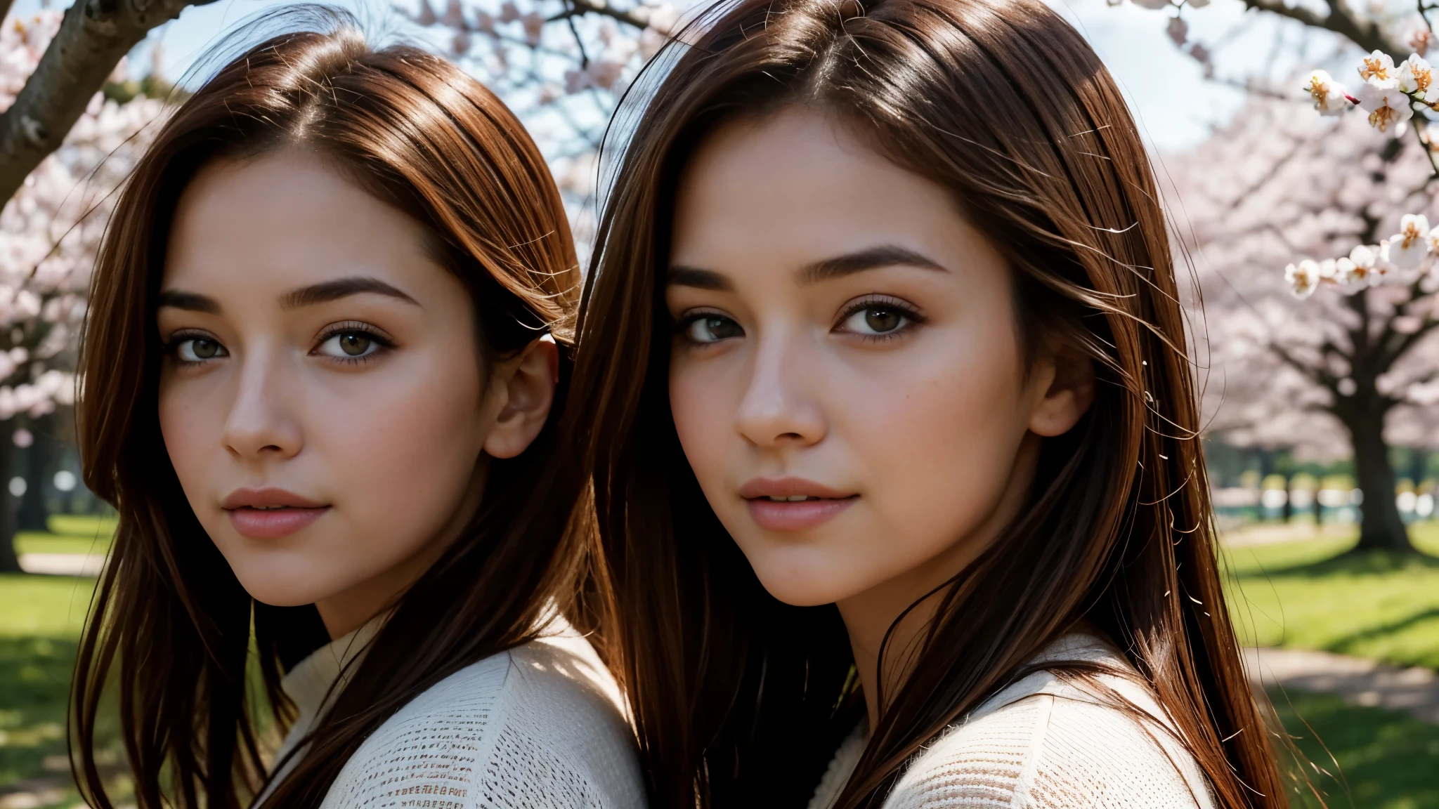 masterpiece, Best Quality, Photorealistic, Ultra-detailed, finely detailed, High resolution, 8K Wallpaper, 1 beautiful woman, light brown hair, sharp focus, Perfect dynamic composition, Beautiful detailed eyes, detailed hairs, Detailed realistic skin texture, Smiling, portrait, Model body type, Take a walk in the park with cherry blossoms and Fuji mountain background,