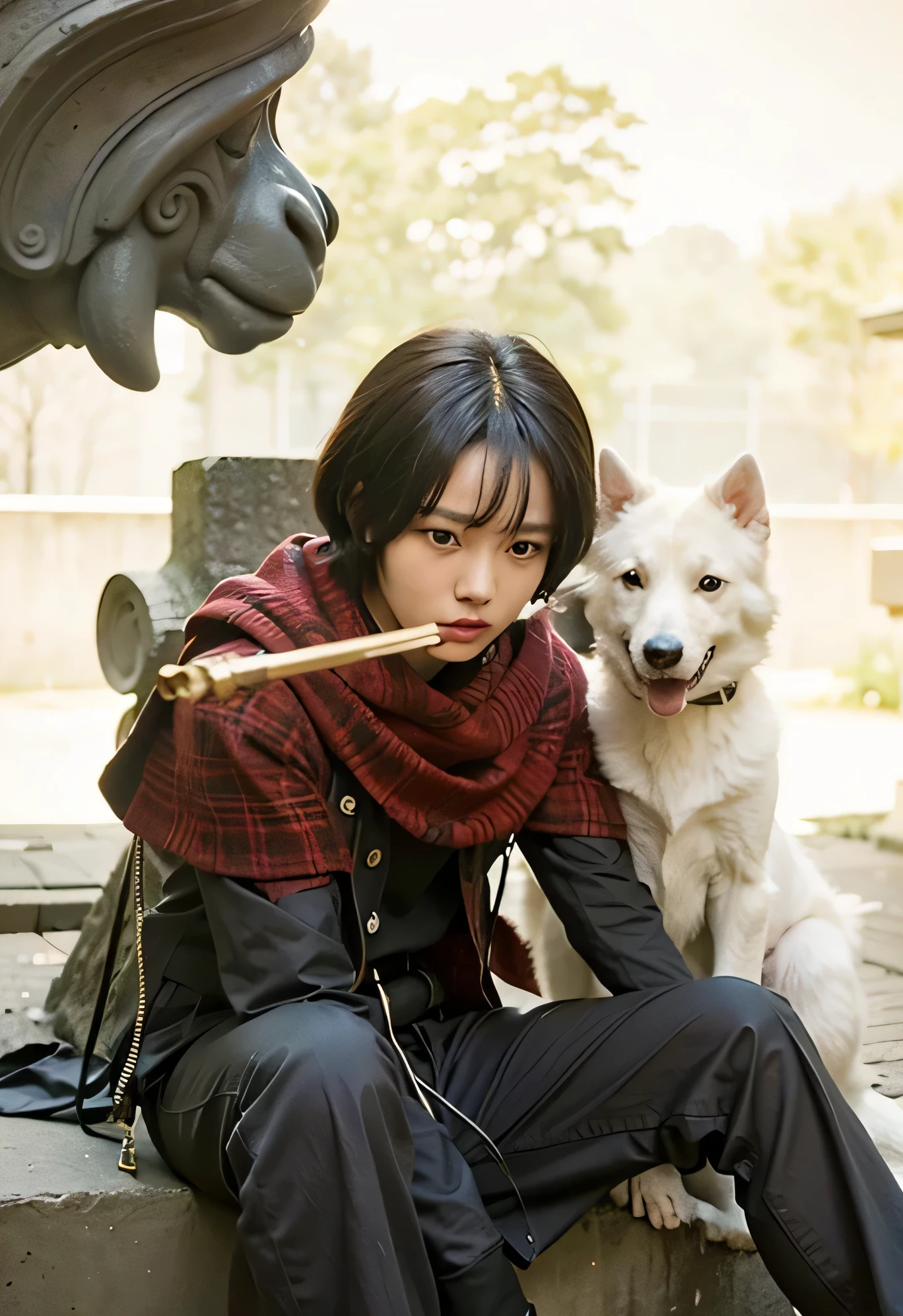 (Best quality, 8k, 32k, Masterpiece, UHD:1.2) "Generate a captivating artwork featuring a young Japanese girl model with short, sleek black hair styled in a chic bob haircut. Envision her bathed in dramatic cinematic lighting, creating an atmosphere of allure and mystery. Emphasize a romantic aesthetic vibe, showcasing the model in a poised and elegant pose that evokes a sense of intimacy and sophistication. Utilize warm and soft tones to enhance the romantic ambiance, and consider incorporating elements like flowing fabrics or flowers to add a touch of ethereal beauty. Capture the essence of romance and beauty through the model's expression, the play of light and shadows, and the overall aesthetic, creating a visually compelling and emotionally resonant piece." (perfect eyes), flawless skin, flawless face, cinematic, tight body, ((well-proportion female hands)), ((female hands with five digits)) ((Body is well proportioned)), ((chic bob haircut)), dog, white dog, flute, mecha, metal, sitting down