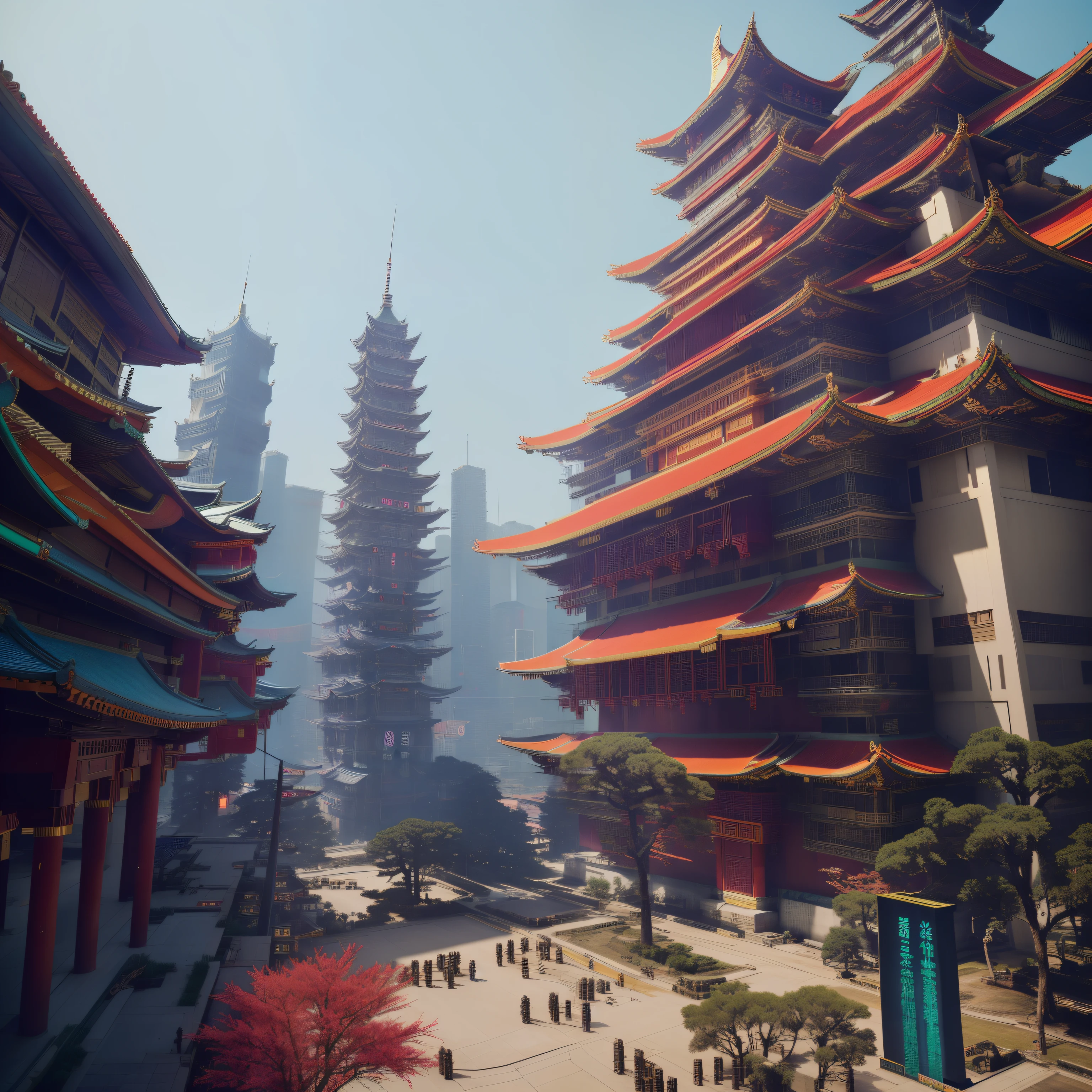 There is a big building，There are many windows and many trees, Cyberpunk Chinese Ancient Castle, Cyberpunk Japanese Temple, Ancient cyberpunk 8k resolution, Dream China Town, Colorful Fox City, Render with redshift, Fantasy style 8K Octane rendering, Cyberpunk Temple, Rendering in Unreal Engine 5, arstation and beeple height, Unreal Engine Fantasy Art