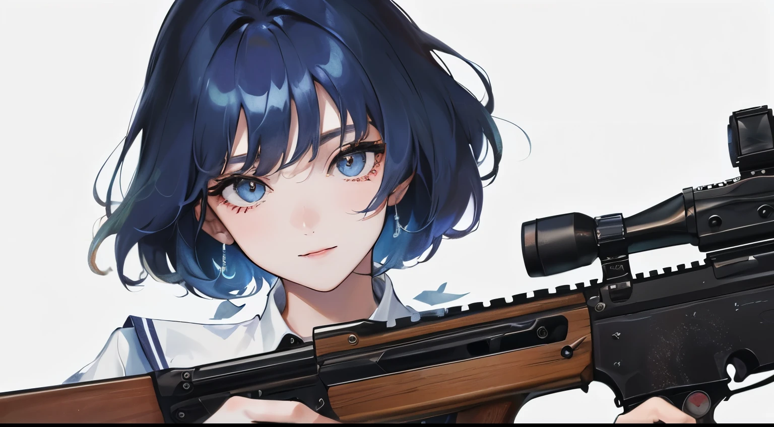 Masterpiece,best quality,  (((aiming AK-47 assault rifle))), determined expression, Sailor Scout outfit, short blue hair, urban rooftop setting, smoggy, intense.
(((1 woman)))、(highest resolution、clear_image)、 (((white Y-shirt)))、best quality、((perm hair)), (((simple solid color background)))、contrast of light and shadow、((illumination))、very detailed、semi-realistic、brown short hair、mischievous smile、bangs、20-year-old、office　Lady,,young、((View from the front))、delicate facial features facial features、