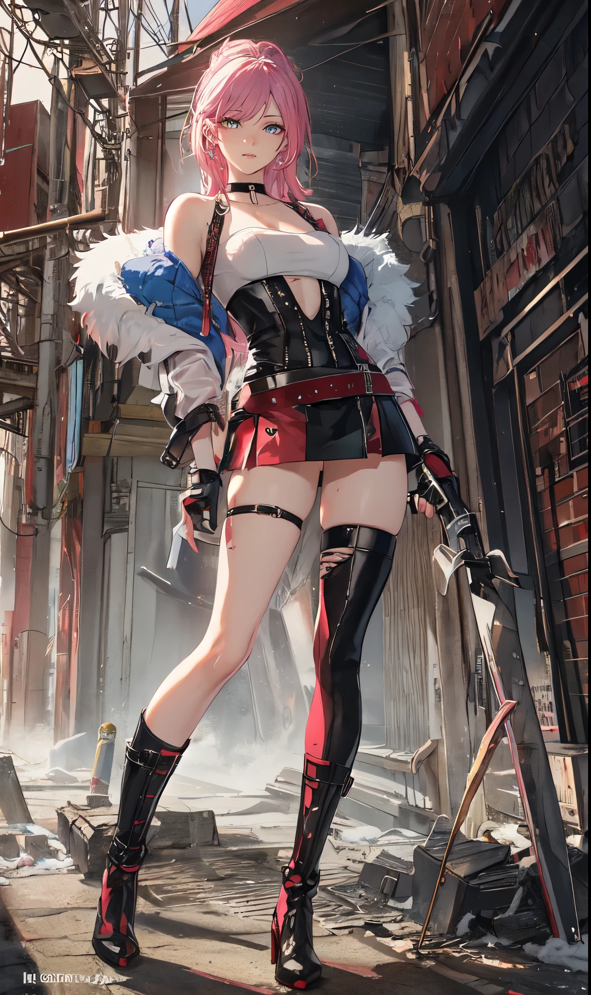 CG K Ultrarealistic ,((premium、8k、32K、masterpiece:1.3)), (superfine illustration)、(super high resolution), (((adult body))), (((1 girl in))), ((( short hair bob ))), ((25 year old cyberpunk gladiator with perfect body pink leather jacket, with spikes:1.6)), Shoulder pads with metal spikes.., Gladiadores in Brooklyn, (( short hair bob )), Torn rugby team t-shirt, Almost naked in the wild urban style of Simon Bisley, Short blonde hair, minimal clothing, Metallic protection on the left arm with complex graphics....., Dark red with white stars and blue and white stripes.., armor, full of spikes and rivets., poison tattoo (((Image from the knee up))), short white blonde hair, In the background、 There is a wall with an intricate design painted by Shepard Fairey.....negativeXL_D, action pose